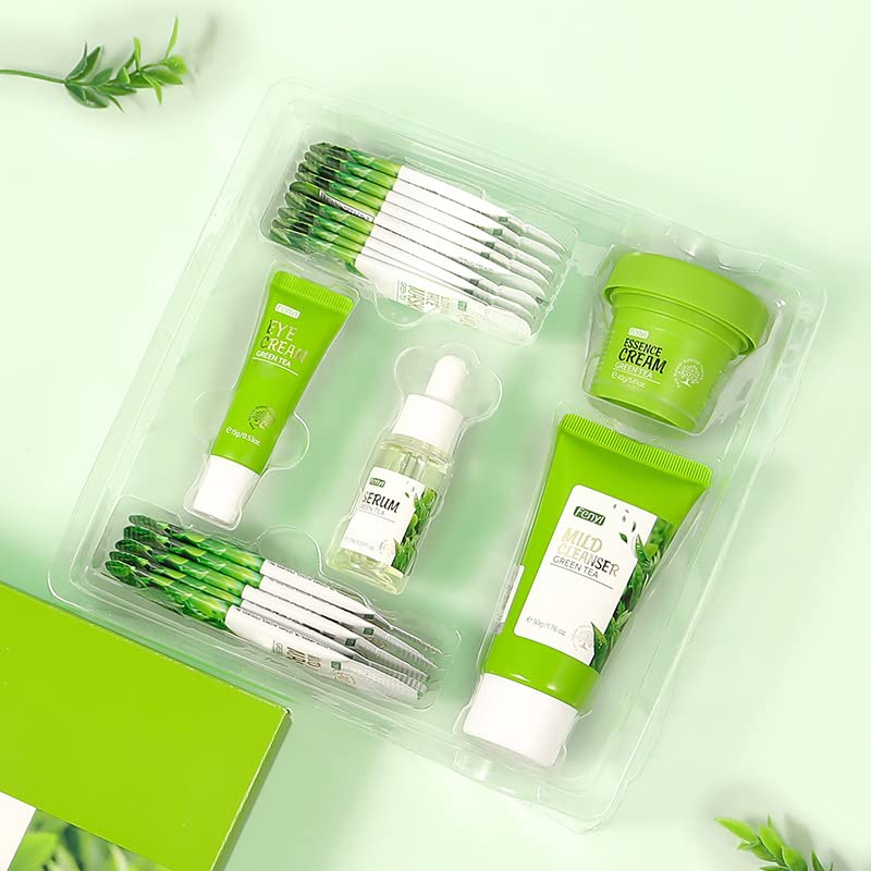 Green Tea Skincare Set - 19-in-1 Natural Skincare Gift Set with Cleanser, Serum, Cream, Eye Cream & Masks | Moisturizing Facial Care Kit for Teen Girls | Perfect for Daily Routine & Spa Night