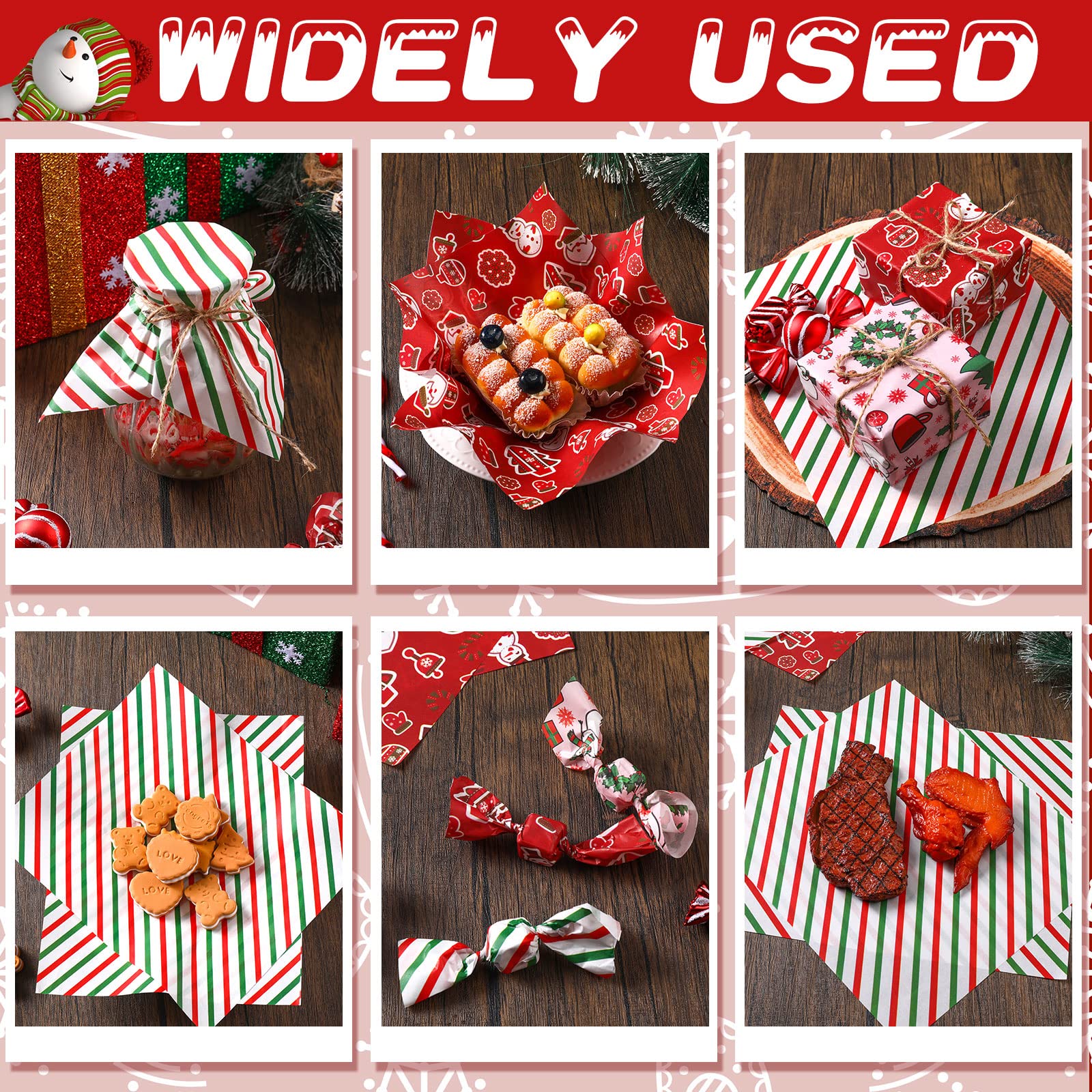 150 Pcs Christmas Wax Paper Sheets - Food Wrapping & Grease Resistant Parchment Paper for Holiday Baking, Kitchen, Picnics | Winter Snowman Tree Design Waterproof Oil Proof Liner