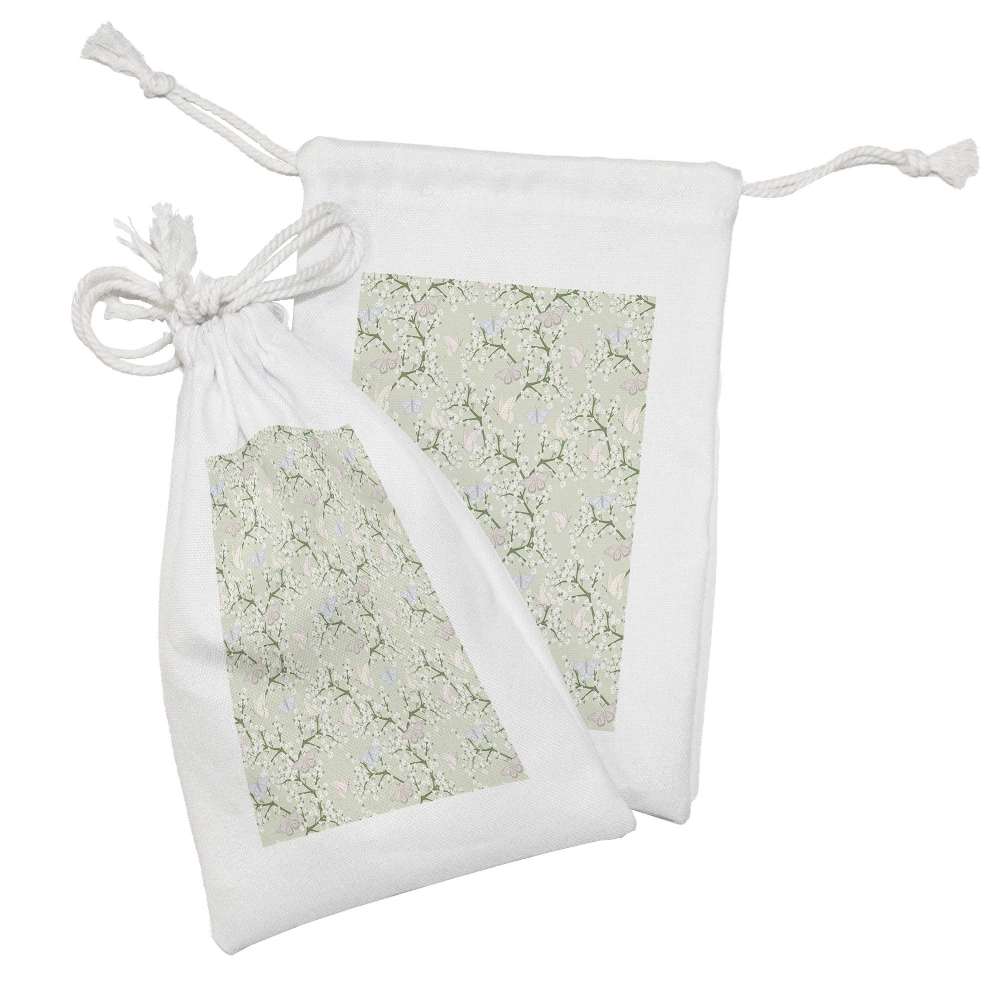 Ambesonne Floral Butterfly Fabric Pouch Set of 2 - Pastel Green Drawstring Bags for Toiletries, Makeup, Jewelry & Travel Accessories (9