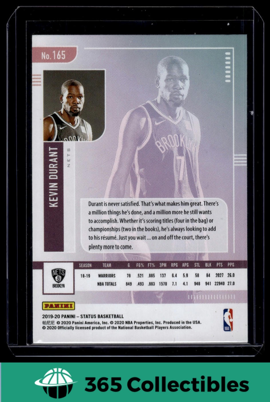 2019-20 Panini Status NBA Kevin Durant #165 Basketball Card - Brooklyn Nets Memorabilia for Collectors & Fans | Perfect for Display, Trading & Investment