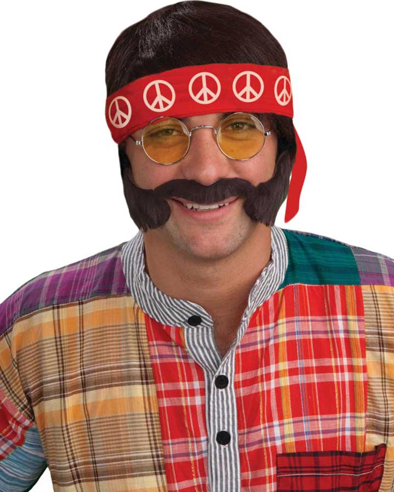 60s Hippie Costume Wig with Sideburns, Mustache, Glasses & Headband Kit - Perfect for Halloween, Cosplay & Themed Parties