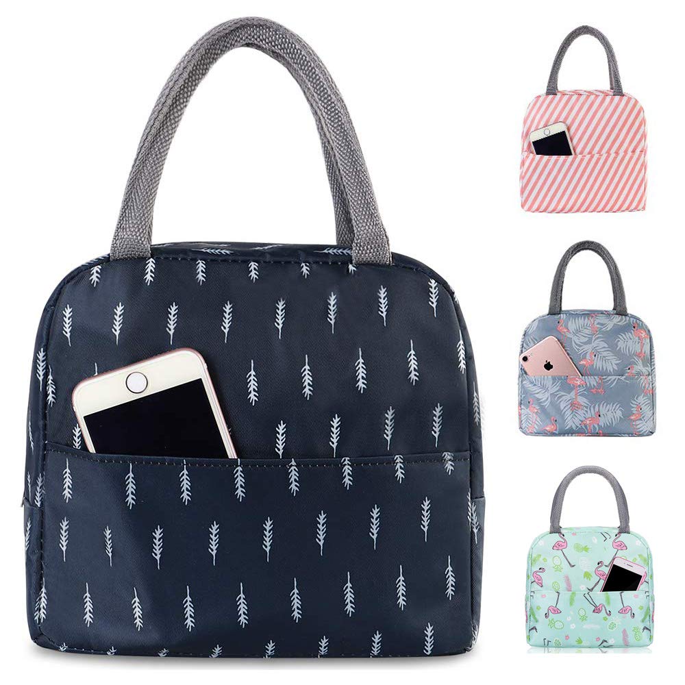 Insulated Leakproof Lunch Bag for Women & Men - Wide Opening Cooler Tote for Work, School, Picnic & Outdoor Travel - Blue Feather Design