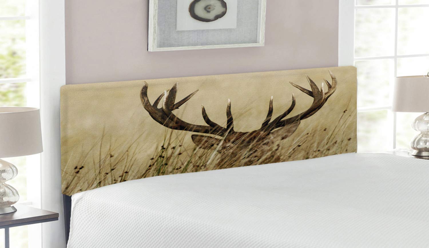 Lunarable Antler Headboard - Whitetail Deer Fawn Wilderness Stag Countryside Hunting Theme Upholstered Decorative Metal Bed Headboard with Memory Foam, Queen Size, Sand Brown - Perfect for Rustic Cabin, Lodge, or Hunting-Themed Bedroom Decor