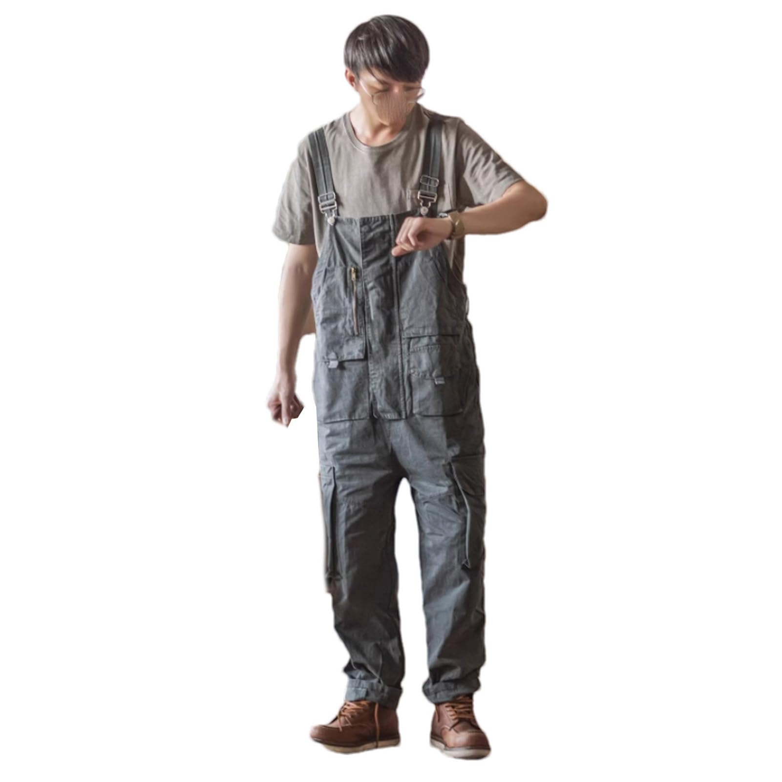Men's Casual Loose Fit Overalls - American Retro Khaki Suspenders Trousers | Straight Leg One-Piece Jumpsuit for Work, Outdoor & Vintage Style Fashion