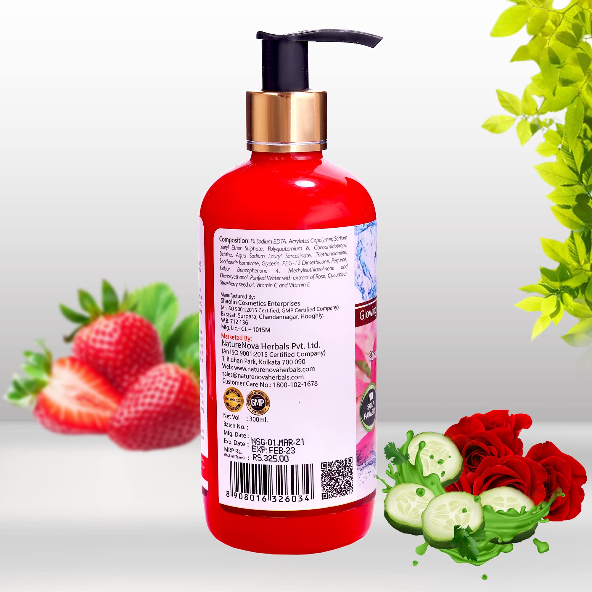 NATURENOVA HERBALS Glowing & Revitalizing Body Shower Gel - Strawberry, Rose & Cucumber Scent | Paraben-Free, Soap-Free | 300ml | Hydrating & Refreshing for Daily Shower & Spa Relaxation