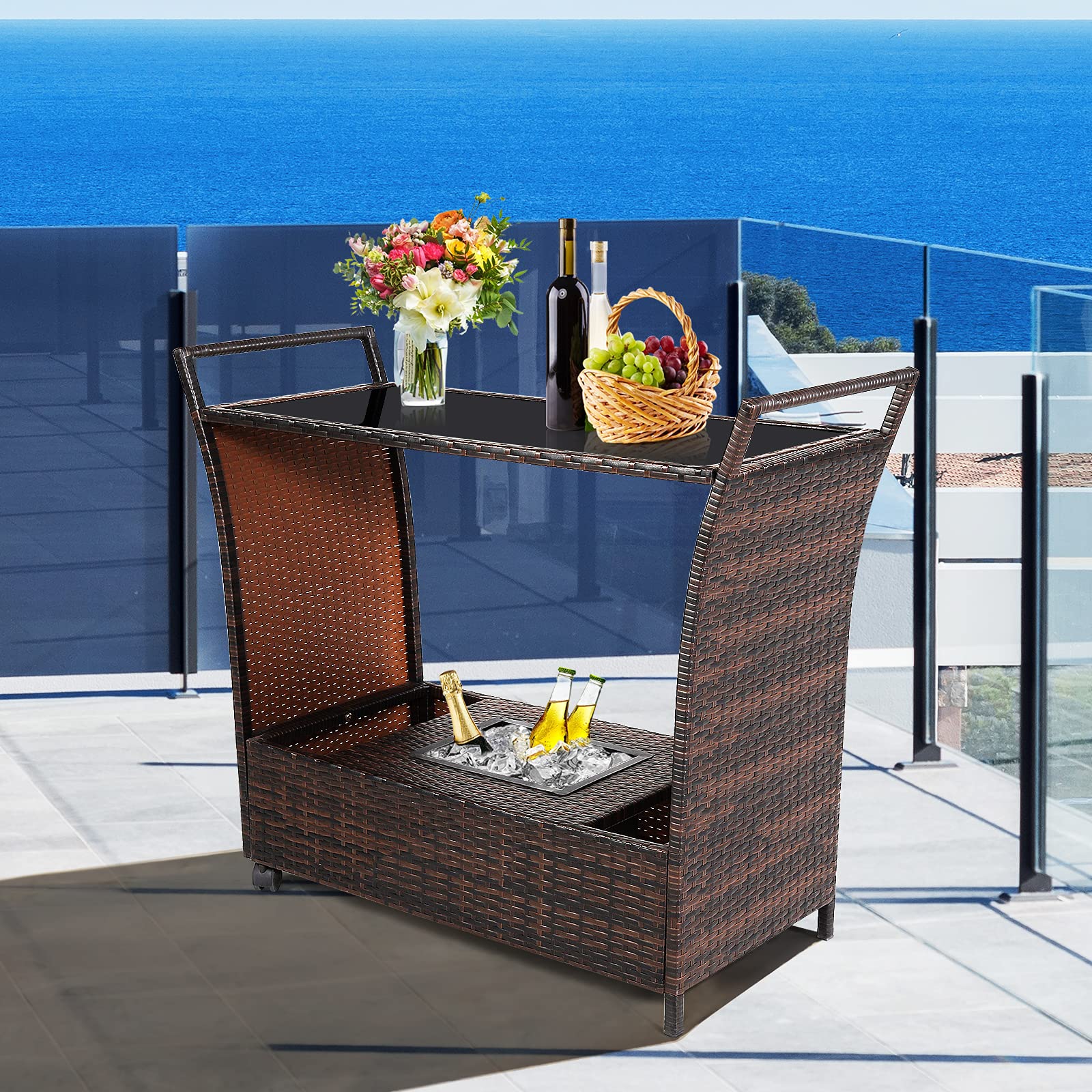 RELAX4LIFE Outdoor Wicker Bar Cart with Removable Ice Bucket & Glass Top - Patio Serving Table with Wheels & Storage Compartments - Rattan Rolling Trolley for Pool, Backyard, Porch, Garden Parties & Outdoor Entertaining - Brown