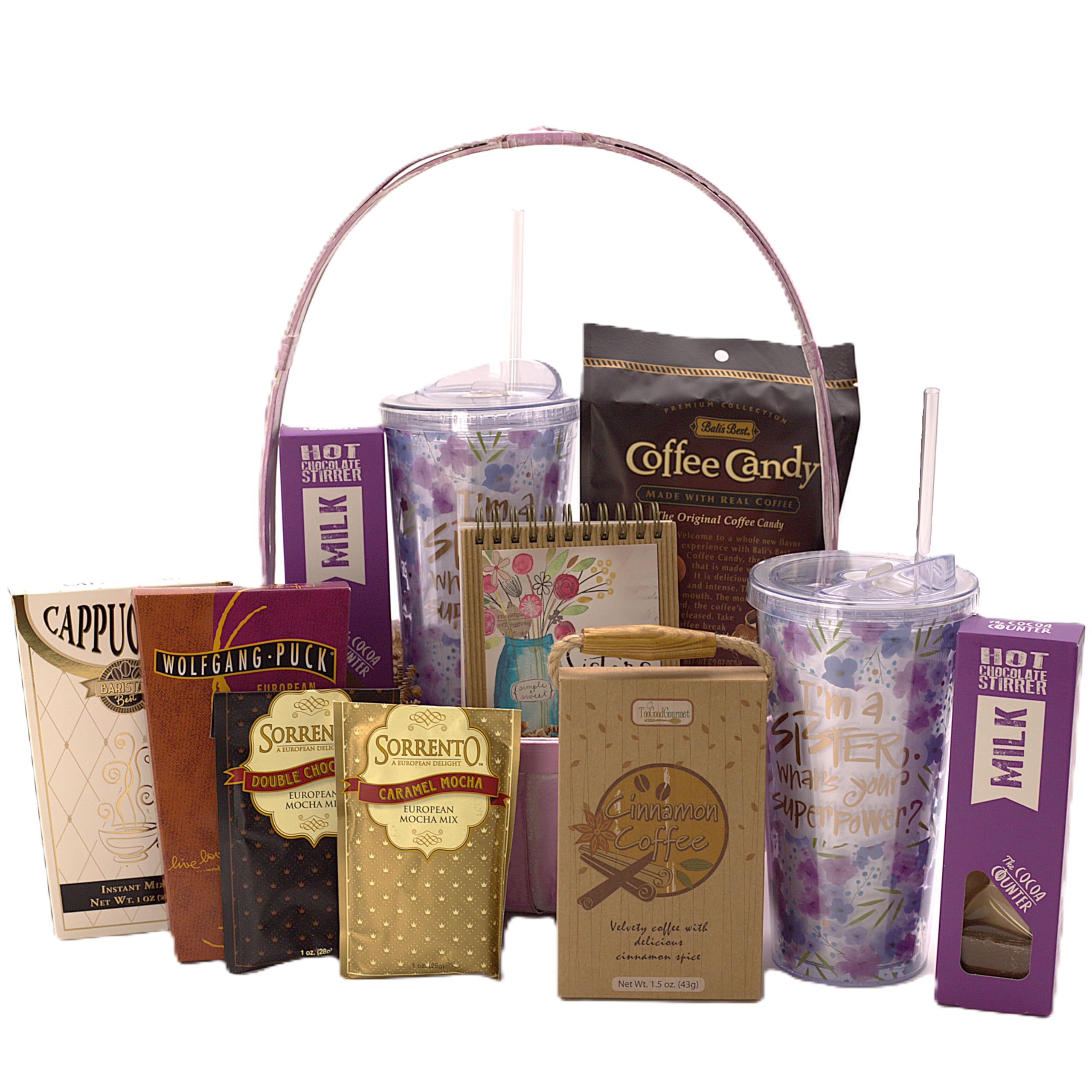 Gourmet Coffee Gift Basket for Sisters - Premium Mocha Mixes, Chocolate Spoons & Ceramic Mugs Set | Handcrafted in USA | Perfect Sister Birthday, Christmas & Thank You Gift for Coffee Lovers