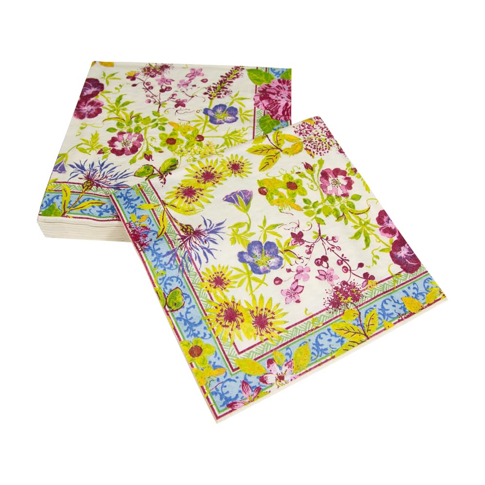 Premium Caspari Millefleurs Floral Paper Luncheon Napkins - 4 Packs of 20 Count (80 Total) - Elegant Disposable Dinner Napkins for Wedding, Bridal Shower, Tea Party & Special Occasions