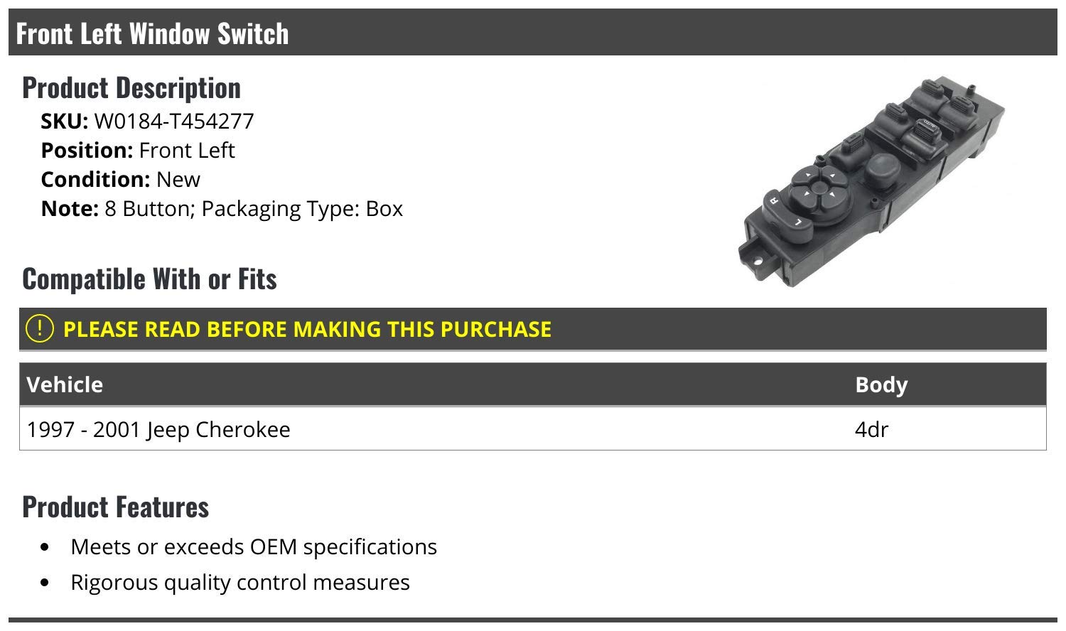 1997-2001 Jeep Cherokee 4-Door Front Left Driver Side Door Lock, Mirror & Window Switch - 8 Button Control Panel - Replacement Part for Power Windows & Mirrors - Perfect for Door Lock Repair & Electrical System Maintenance