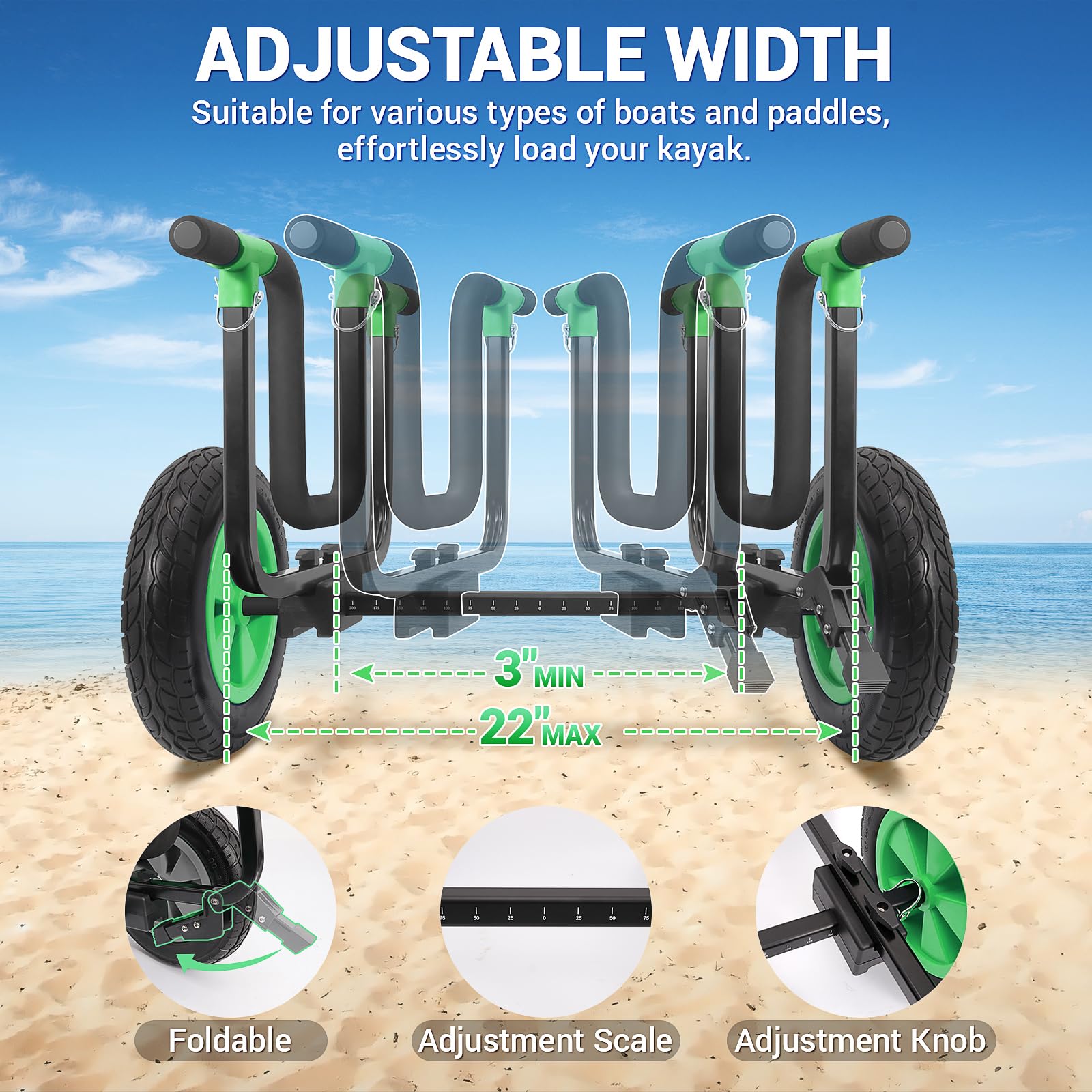 2 in 1 Kayak Cart & SUP Board Cart - Heavy Duty Kayak Trolley with Adjustable Bi-Directional Bunker Bars & 14