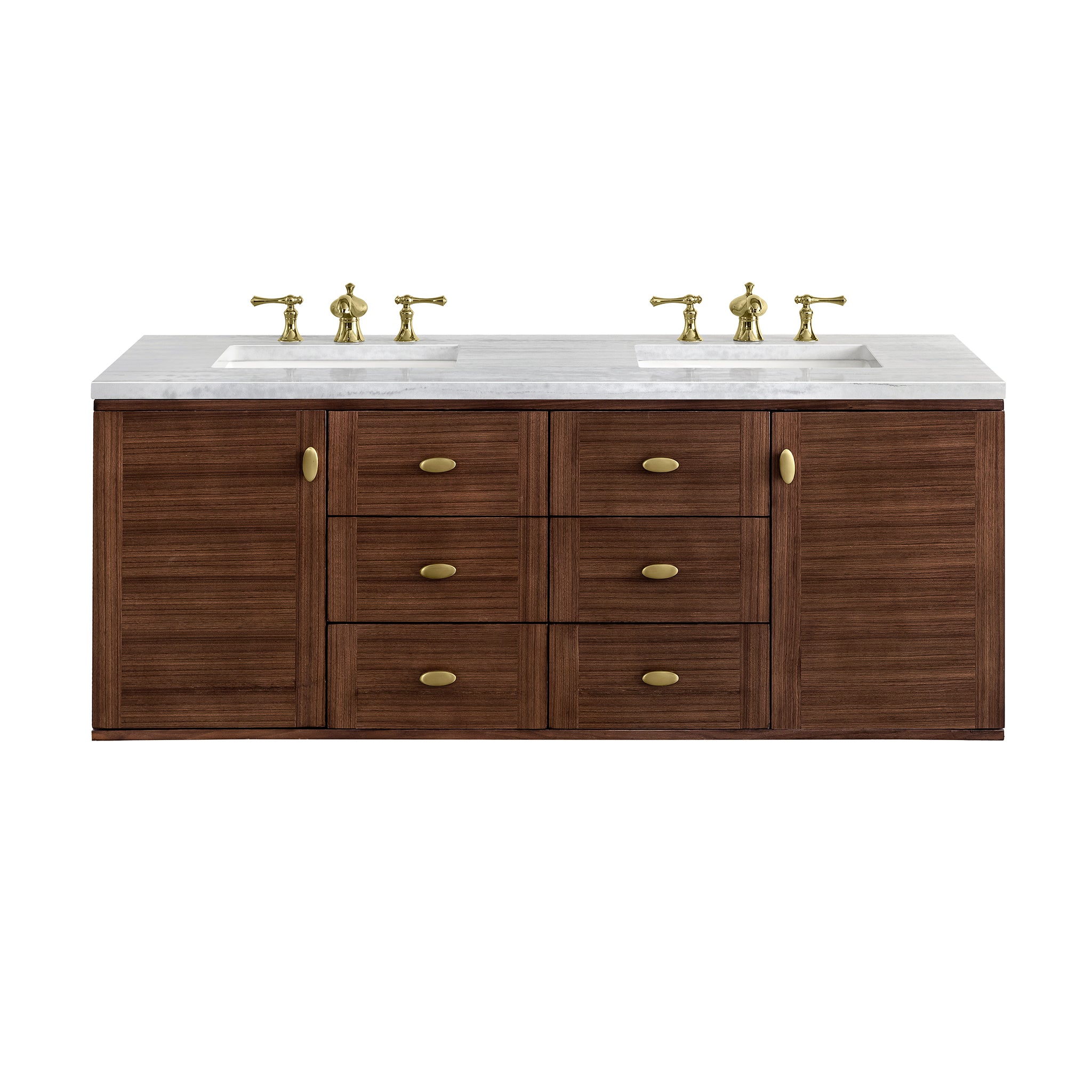 Amberly 60 Inch Double Bathroom Vanity with 3CM Arctic Fall Quartz Top - Mid Century Modern Walnut Design for Master Bathroom & Powder Room Remodel