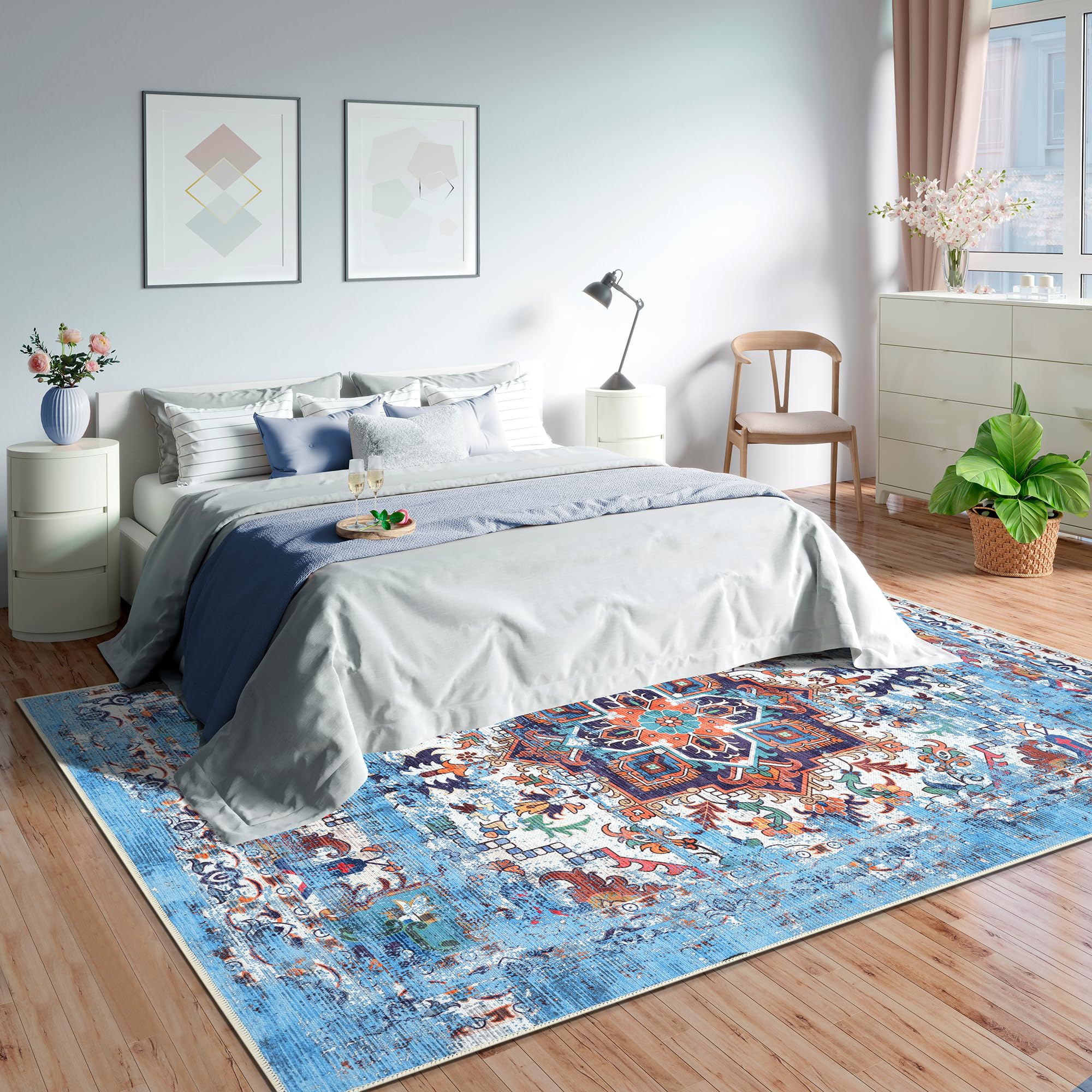 GLN Traditional Collection - Machine Washable Non-Slip Low Pile Chenille Area Rug for Living Room, Bedroom & Kitchen - 7'10