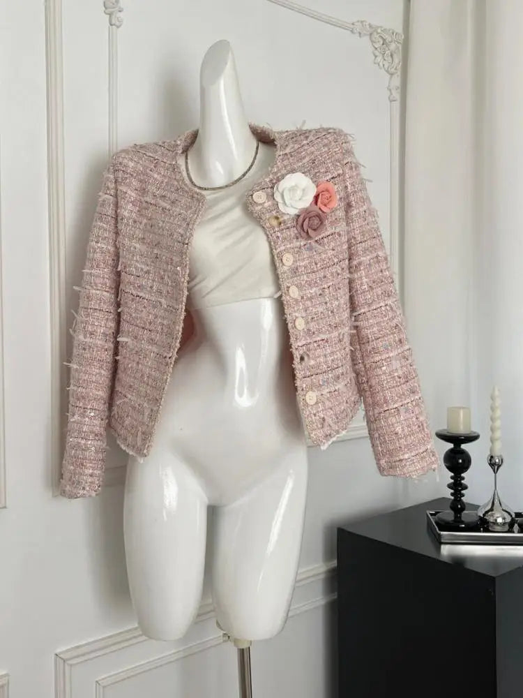 Women's Pink French Fashion Single Breasted Long Sleeve Jacket - Elegant Round Neck Autumn Coat for Casual Outings & Festivals | Perfect for Office, Dating & Fall Events