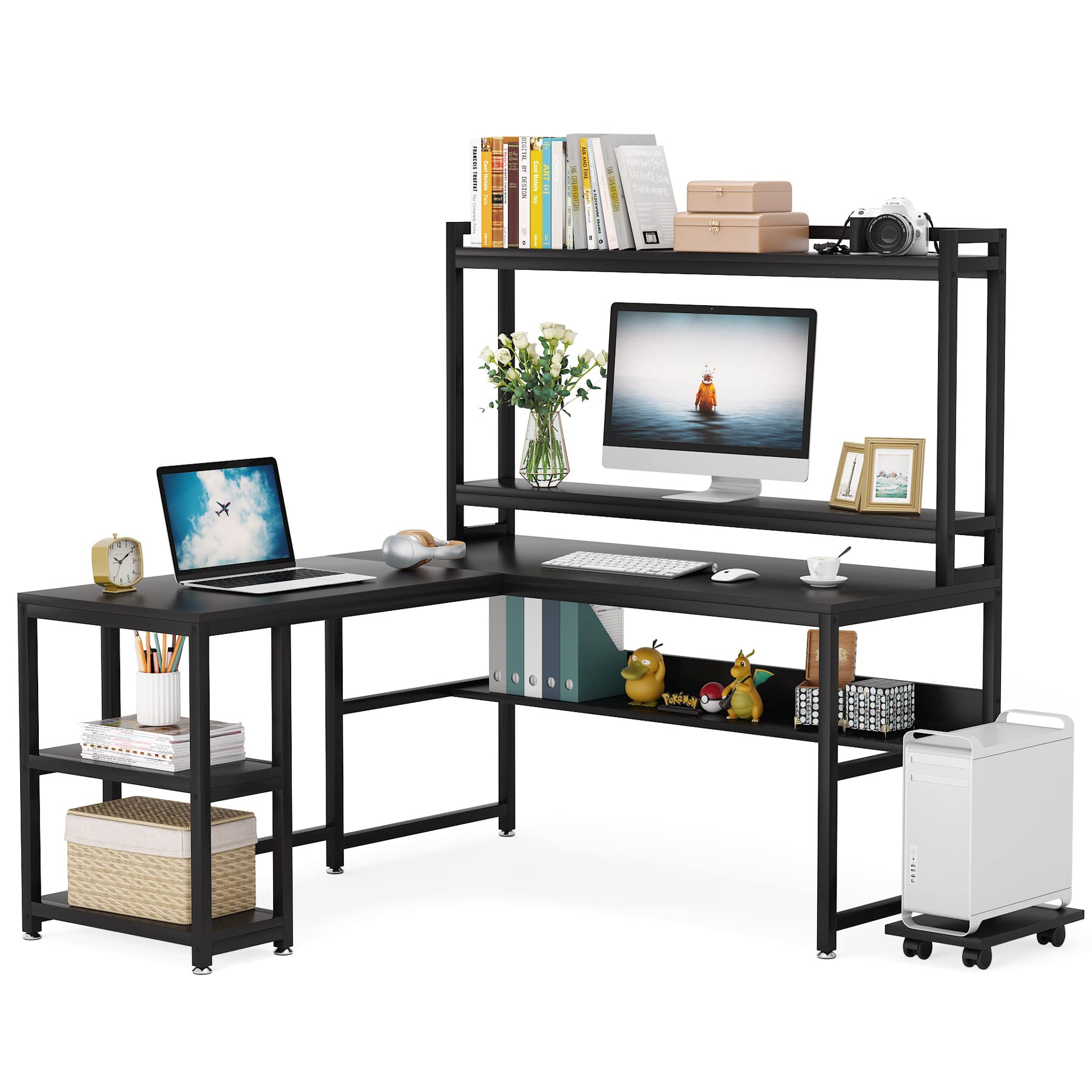 59 Inch L-Shaped Computer Desk with Hutch - Reversible Corner Desk with Storage Shelves, Large Home Office Desk for Study, Writing & Workstation - PC Laptop & Monitor Stand (Black) - Perfect for Small Spaces & Home Office Setup