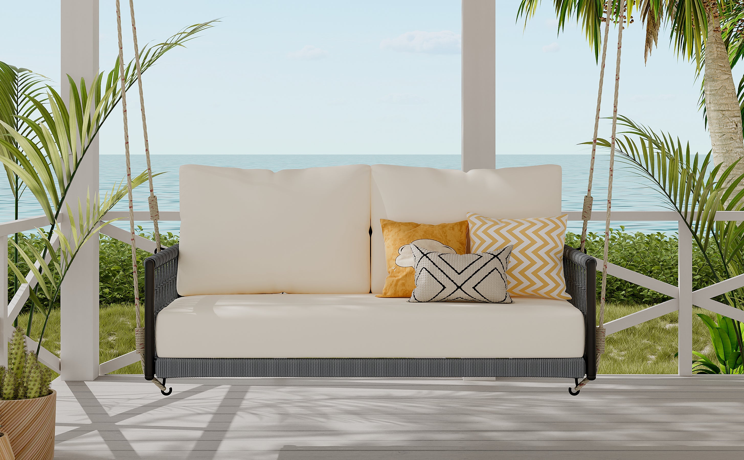 1 Piece Woven Rope Outdoor Swing Sofa with Soft Cushions - Seats 2 People - Perfect for Patio, Courtyard, Balcony & Garden Relaxation (Beige) - Ideal for Lounging, Reading & Outdoor Entertaining