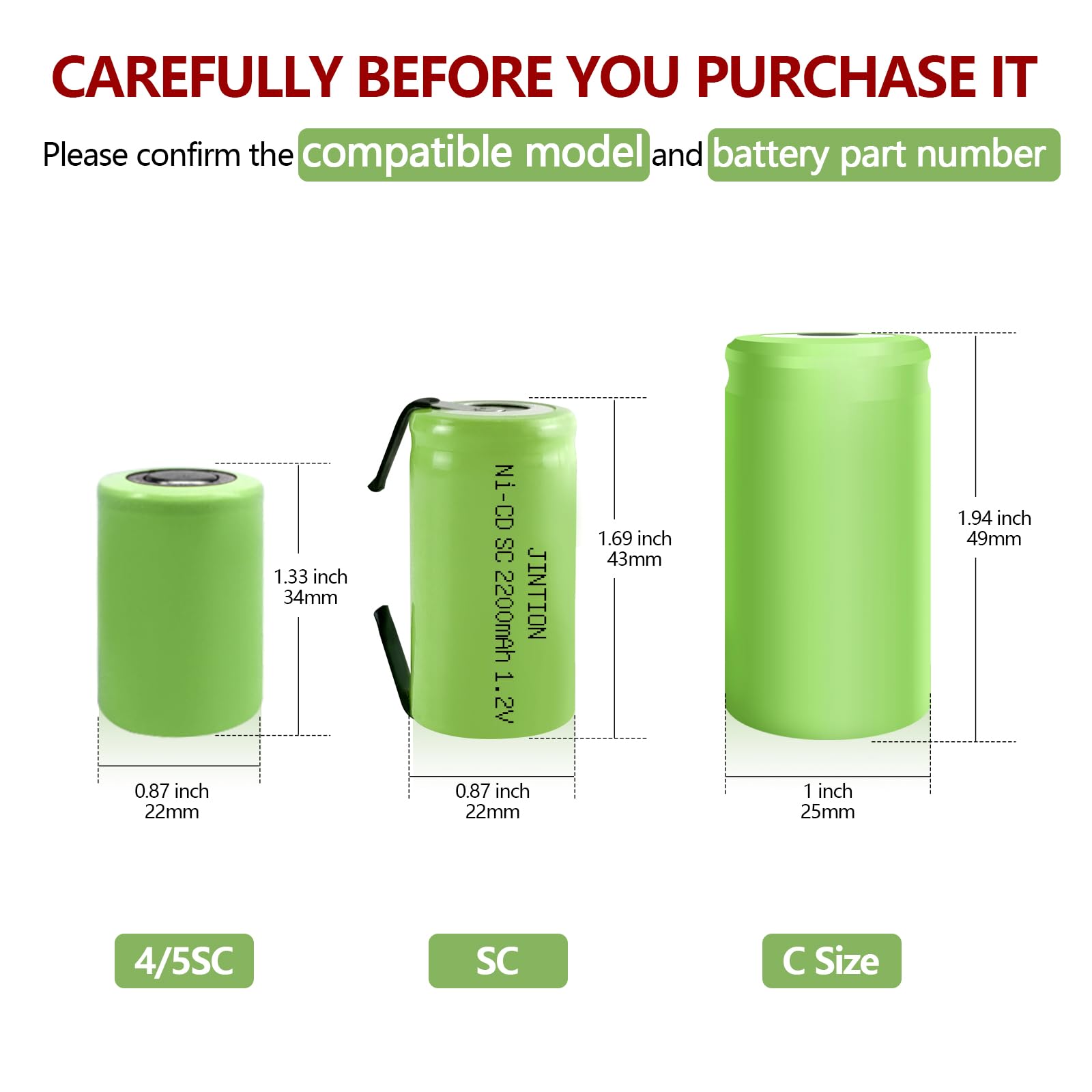 JINTION 2200mAh Sub C NiCd Rechargeable Batteries 1.2V Flat Top with Tabs - 2 Pack for Power Tools, RC Cars, Flashlights & Emergency Devices - High Capacity Battery Replacement for Cordless Tools