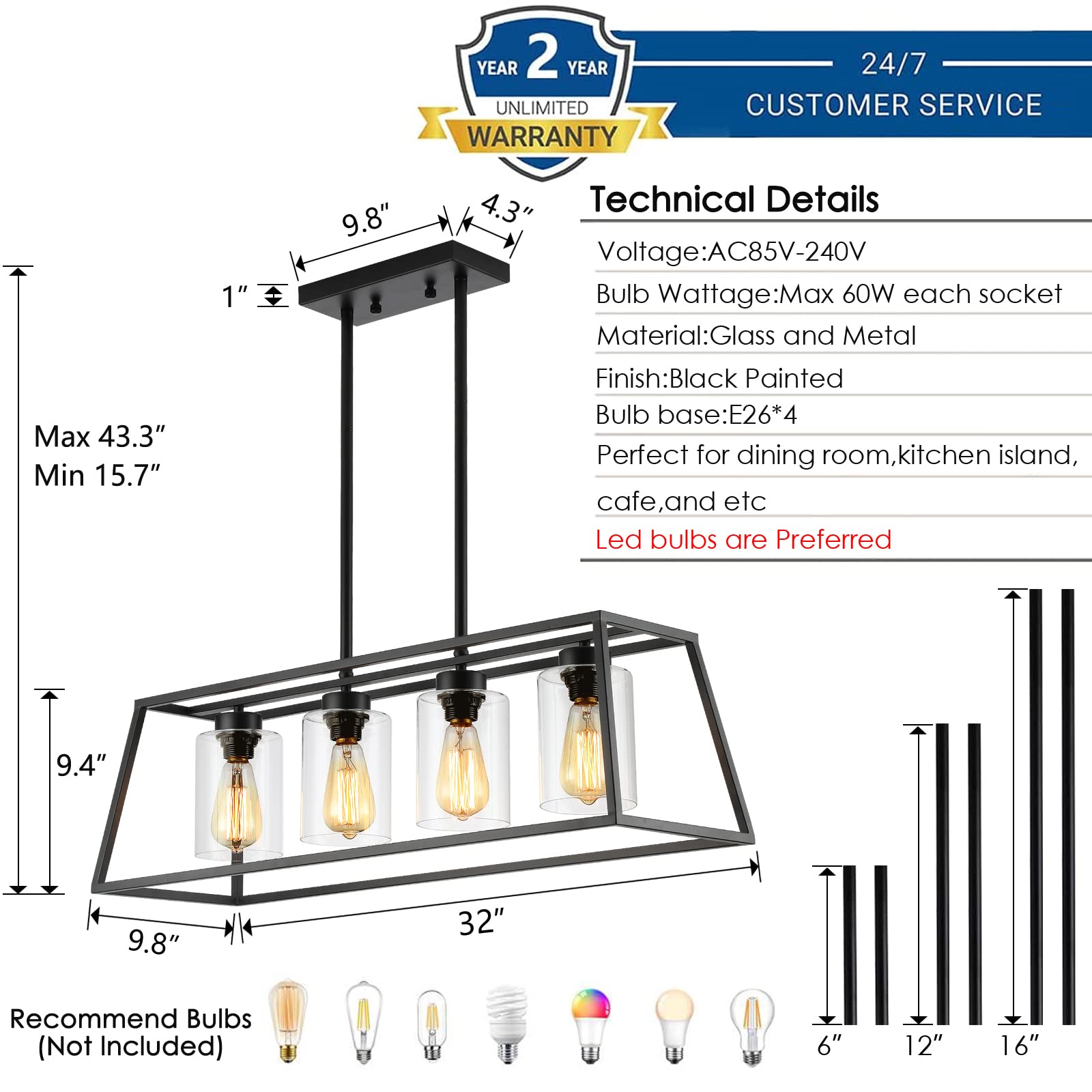 Black Farmhouse Chandeliers for Dining Room, Rustic Kitchen Island Pendant Light, 4-Light Linear Pendant Lamp with Glass Shade, Perfect for Dining Room Lighting Over Table and Kitchen Island