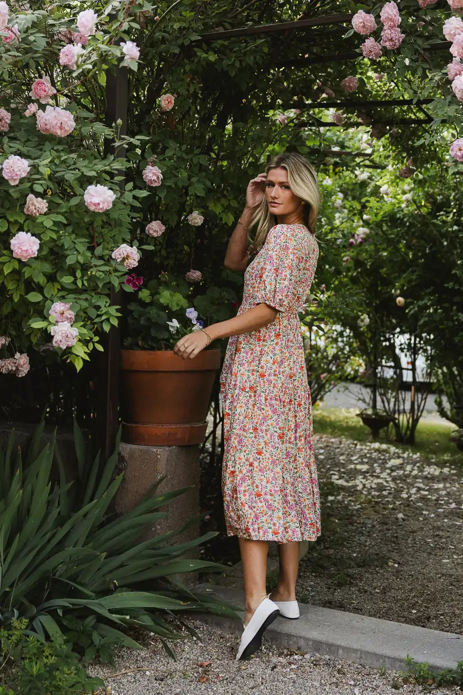 Marcia Floral Print Summer Dress in Peach - Women's Flowy Casual Sundress for Beach, Vacation & Outdoor Parties