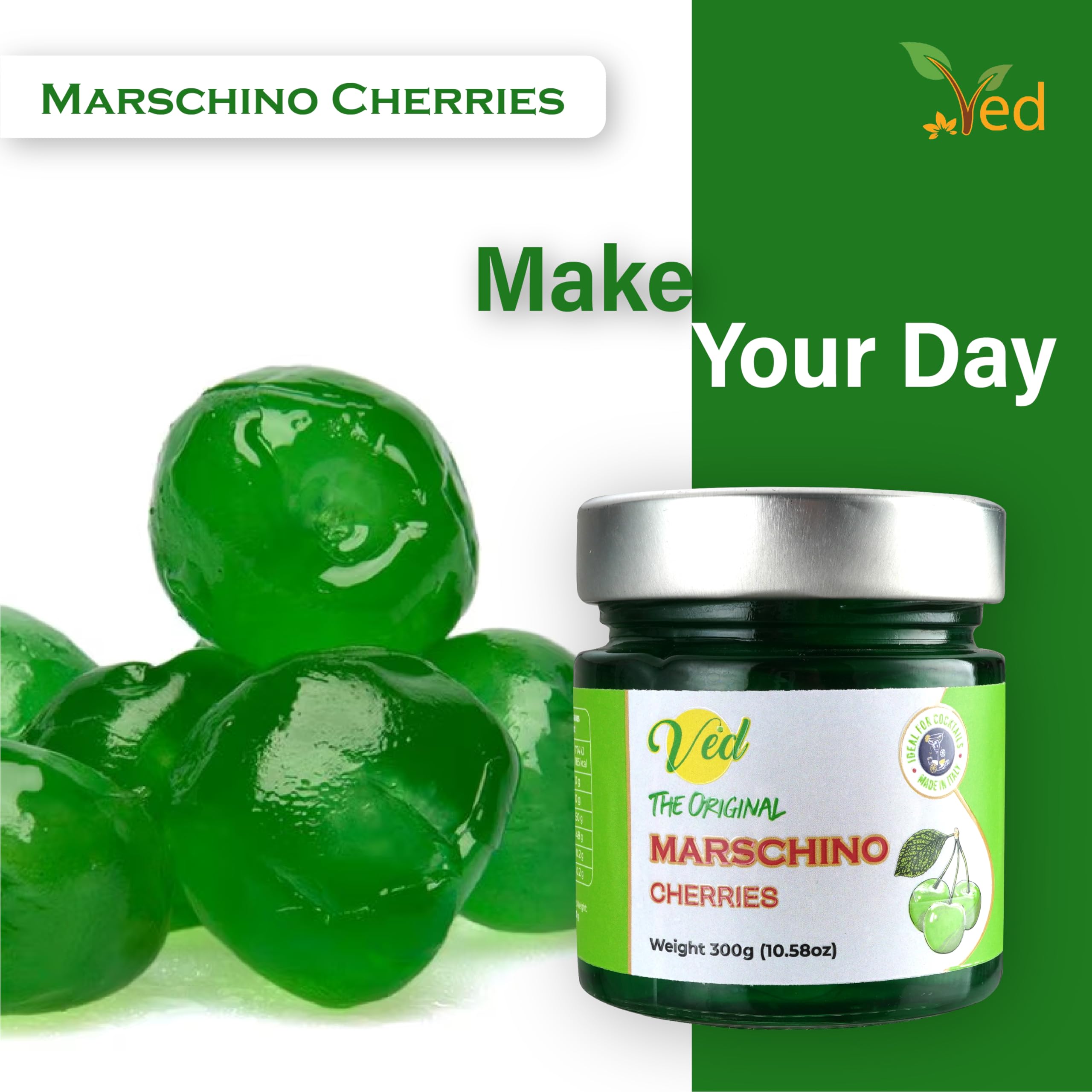 Premium Italian Green Maraschino Cherries in Natural Syrup - Vegan Cocktail Garnish for Old Fashioned, Bourbon & Whiskey Drinks - Gourmet Cherries for Baking, Desserts & Cocktail Decorations - 300g Glass Jar