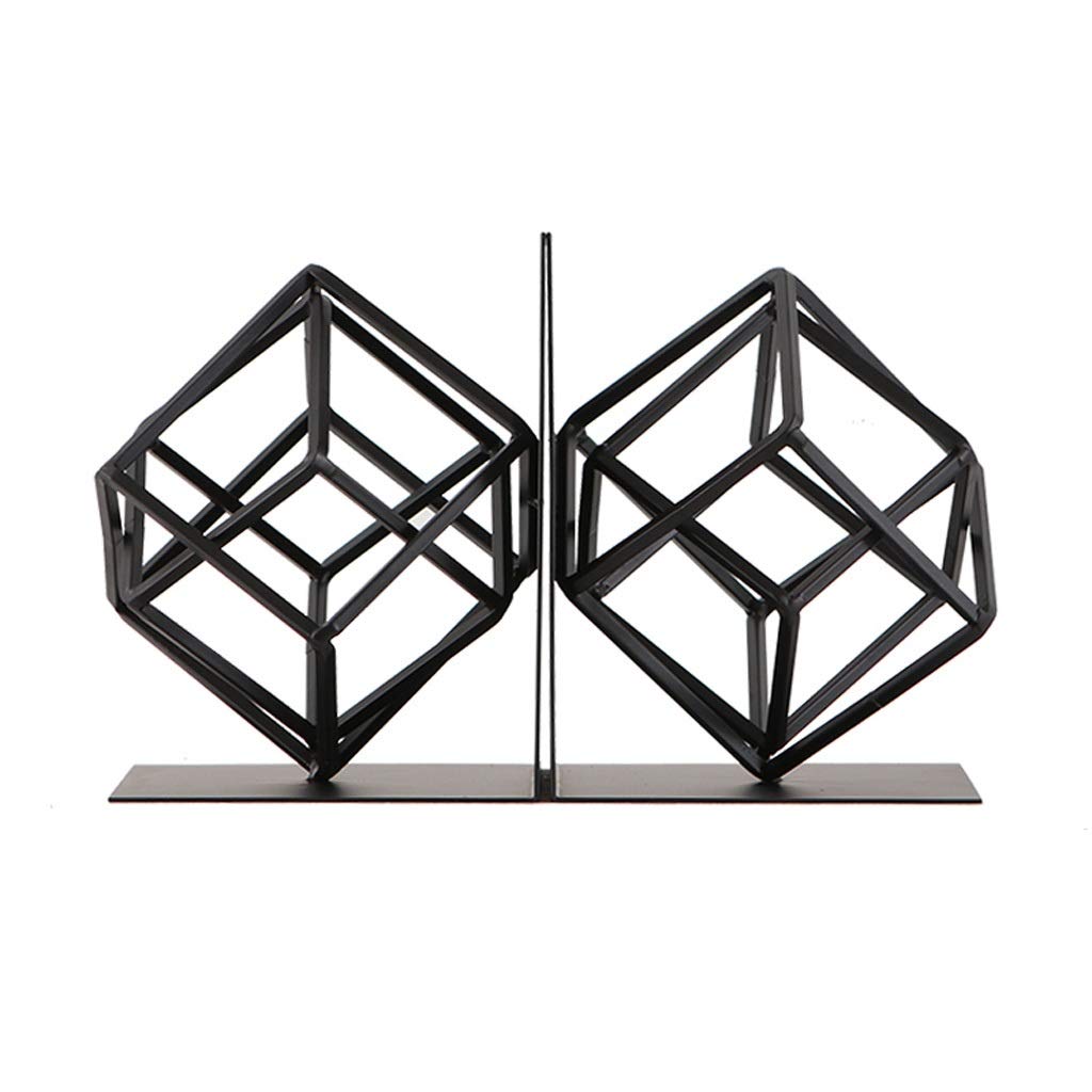 Unique Geometric Metal Bookends - Decorative Book Supports for Shelves (1 Pair, Black) | Perfect for Home Office, Library & Bookshelf Organization