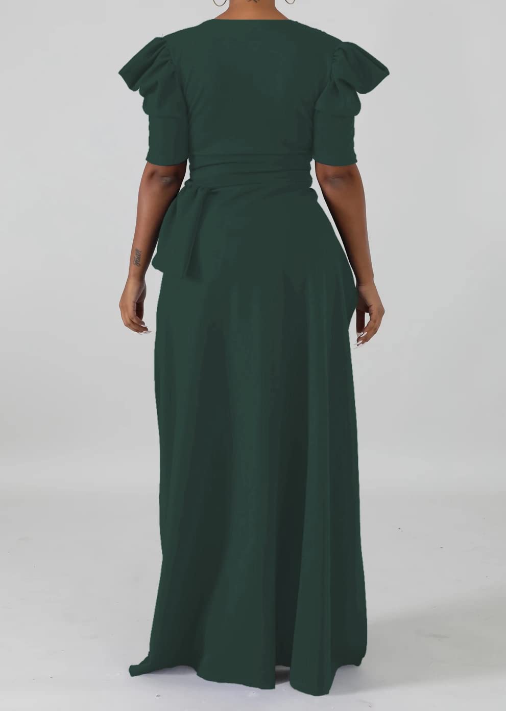 Women's Deep V Neck Puff Sleeve Asymmetrical Wrap Blouse - Peplum Tunic Casual Shirt Dress in Dark Green | Perfect for Office Wear, Date Nights & Special Occasions