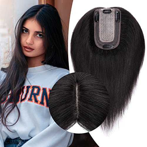 Clip in Human Hair Topper with Silk Base - Natural Looking Hairpiece for Thinning Hair - Perfect for Daily Wear, Special Occasions & Styling
