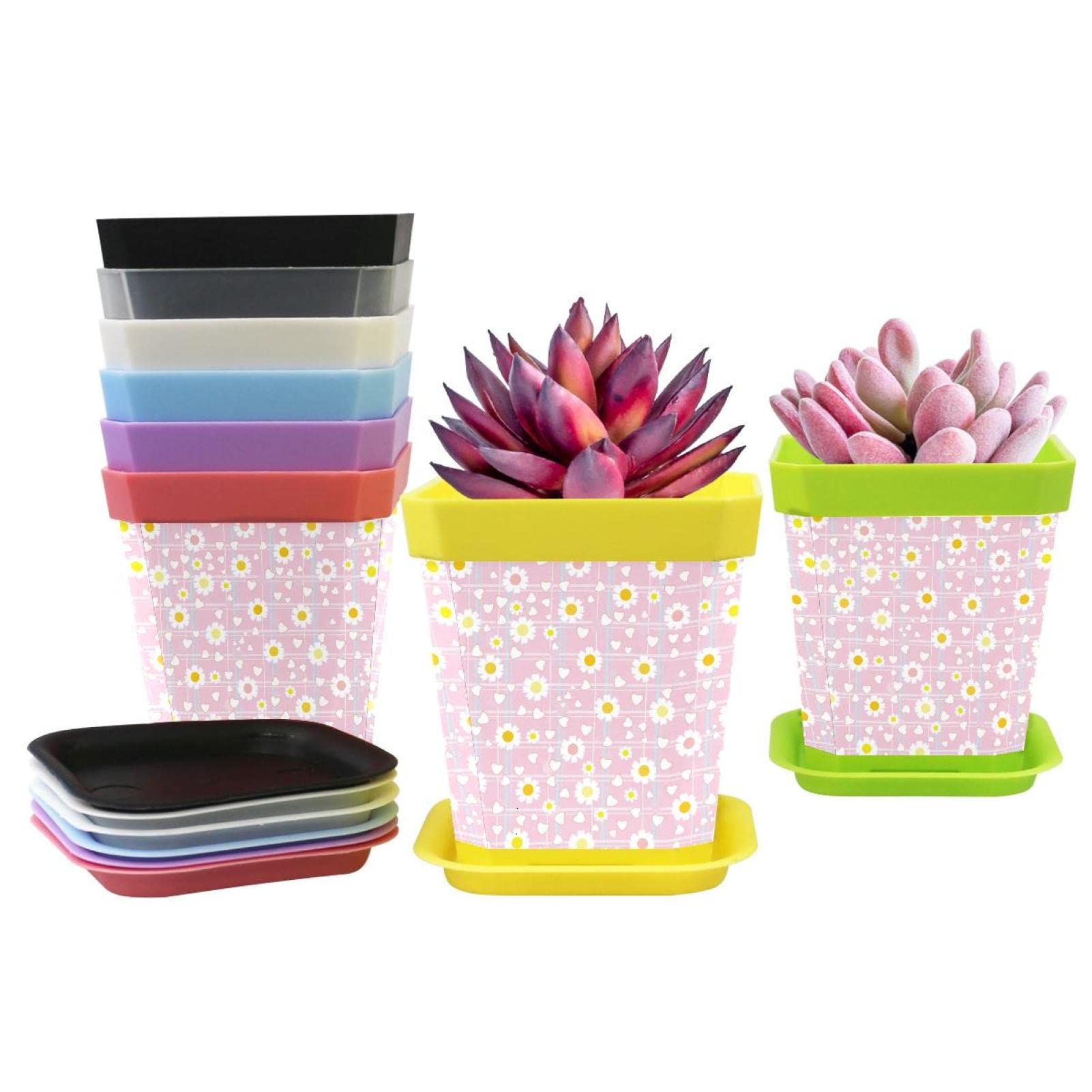 8-Pack Plastic Seedling Nursery Pots with Trays - Heart, Blue Stripes & Pink Daisy Flower Design - 8 Vibrant Colors for Indoor/Outdoor Plants, Gardening & Home Decor