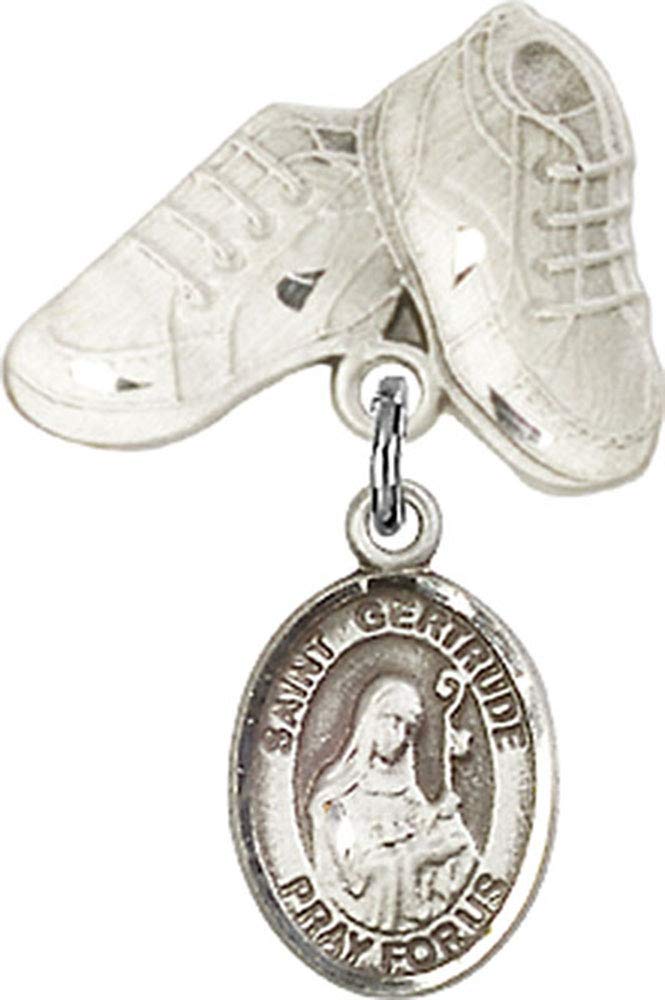 Sterling Silver Baby Badge with St. Gertrude of Nivelles Charm & Baby Boots Pin - Religious Jewelry for Christening, Baptism Gifts & Newborn Blessings