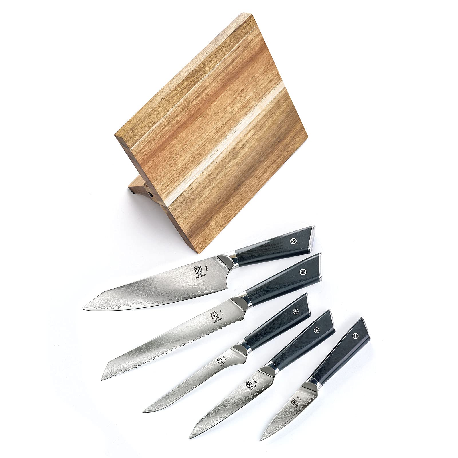 Premium 6-Piece Mercer Culinary Knife Set with G10 Handles & Magnetic Acacia Wood Stand - Professional Grade Super Steel Kitchen Cutlery for Chefs & Home Cooking - Perfect for Slicing, Dicing & Food Prep