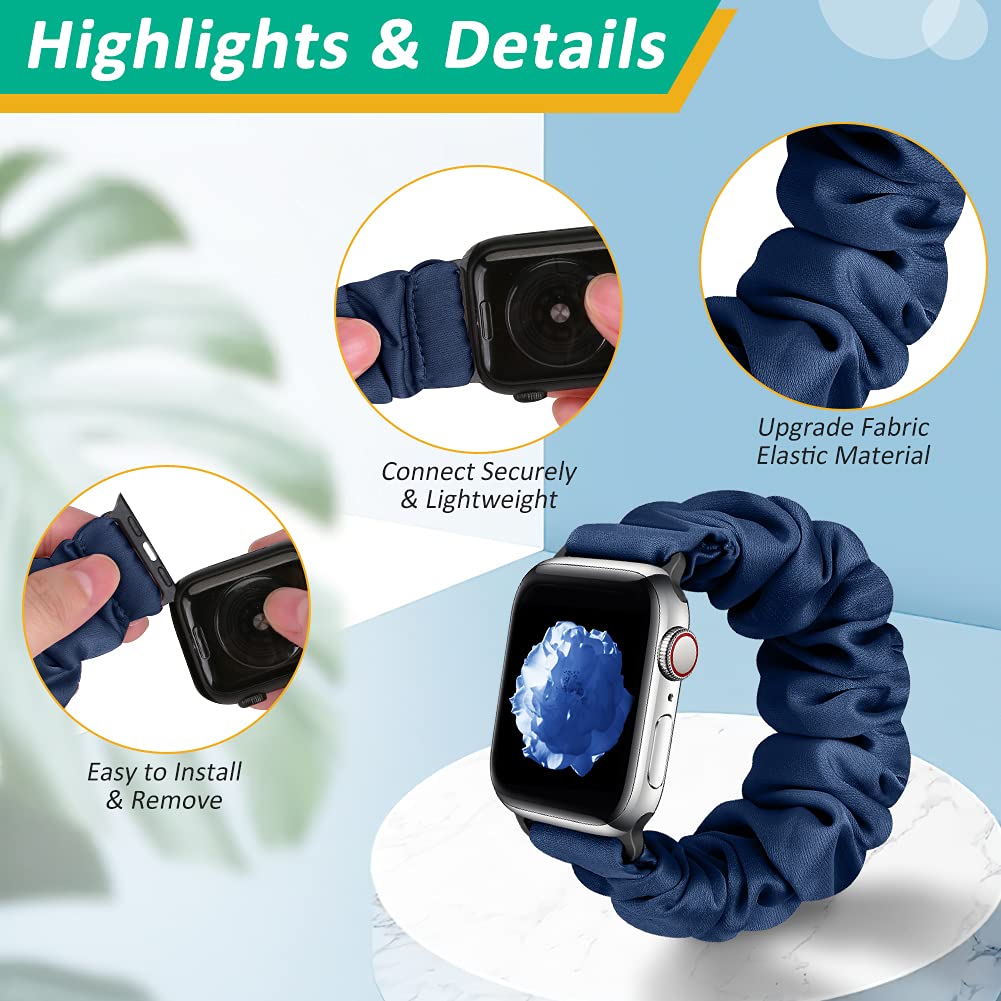 3 Pack Apple Watch Bands for Women - Soft Fabric Scrunchies Compatible with iWatch Ultra 2/Series 10/9/8/7/6/5/4/3/2/1/SE (38mm-49mm) - Stylish Printed Wristbands for Workout, Office & Everyday Wear