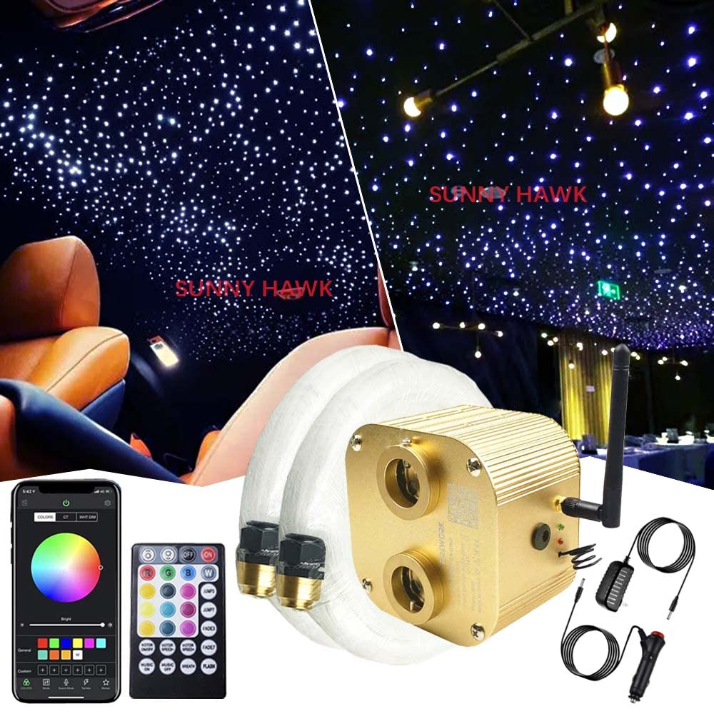 20W Dual Port Bluetooth RGBW LED Fiber Optic Star Ceiling Light Kit with APP & Music Control - 1100pcs 0.03in Optical Fibers (13.1ft) for Car Headliner & Room Decor - Perfect for Bedroom, Theater, and Vehicle Interior Lighting
