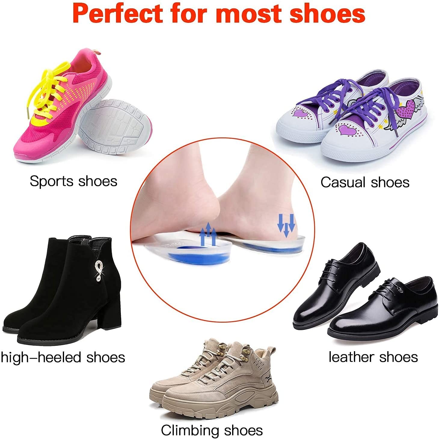 FEXMY Self-Adhesive Heel Cushion Inserts - High Heel Pads & Shoe Insoles for Women & Men - Silicone Heel Grips for Heel Pain, Ankle Support & Heel Spurs Relief (1 Pair Heel Liner + 1 Pair Insole Pad) - Perfect for Work, Parties & Long Wear Comfort