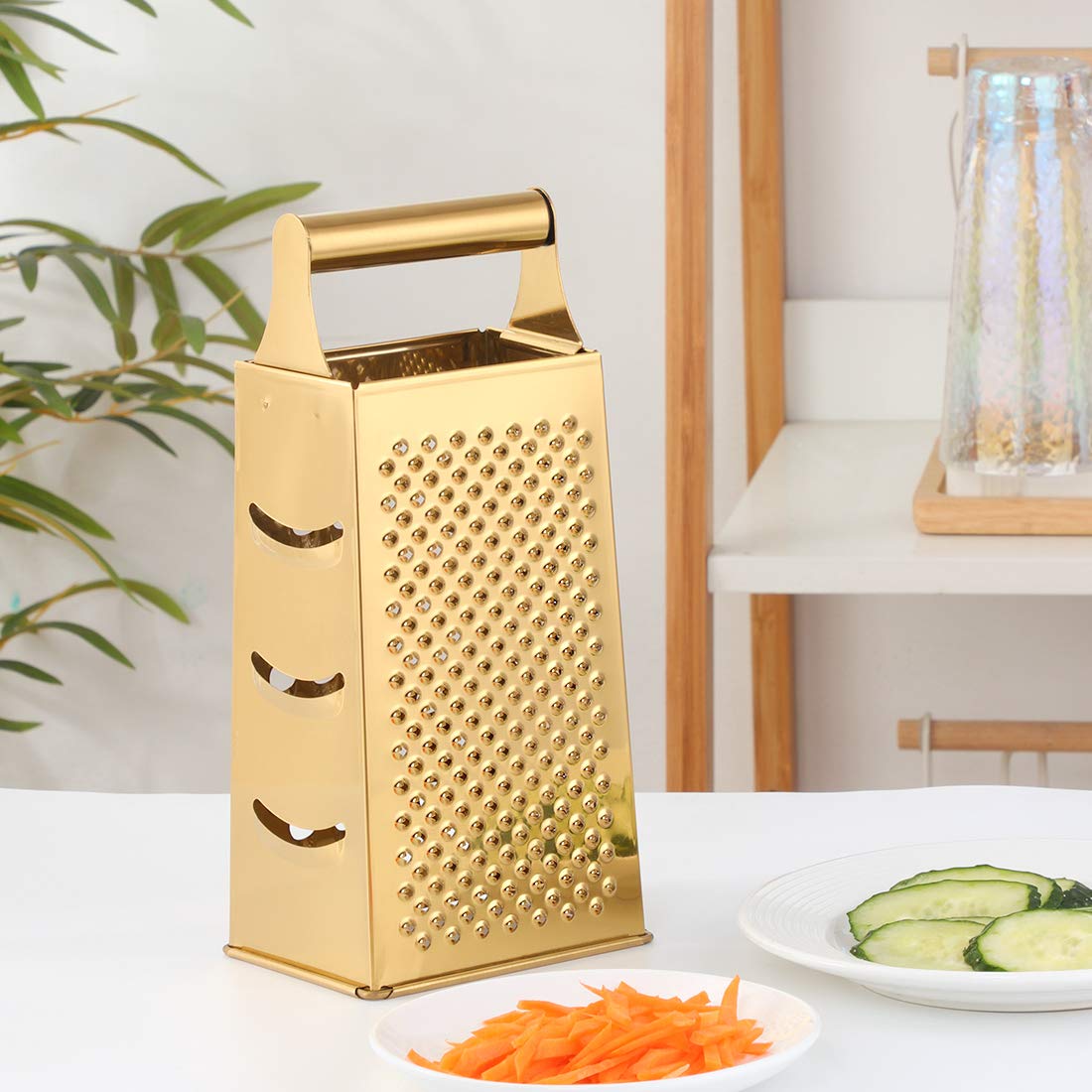 QOBIMOON 4-Sided Stainless Steel Box Grater - 9.2 Inch Large Cheese Grater & Vegetable Slicer for Parmesan, Fruits, Ginger - Gold | Perfect for Kitchen, Salad Prep & Cooking Enthusiasts