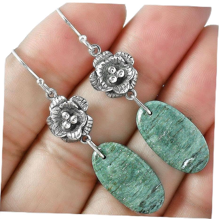 Handmade Floral Larsonite Jasper 925 Sterling Silver Dangle Earrings for Women - Natural Stone Jewelry with French Hook - Elegant Gift for Birthday, Anniversary & Special Occasions