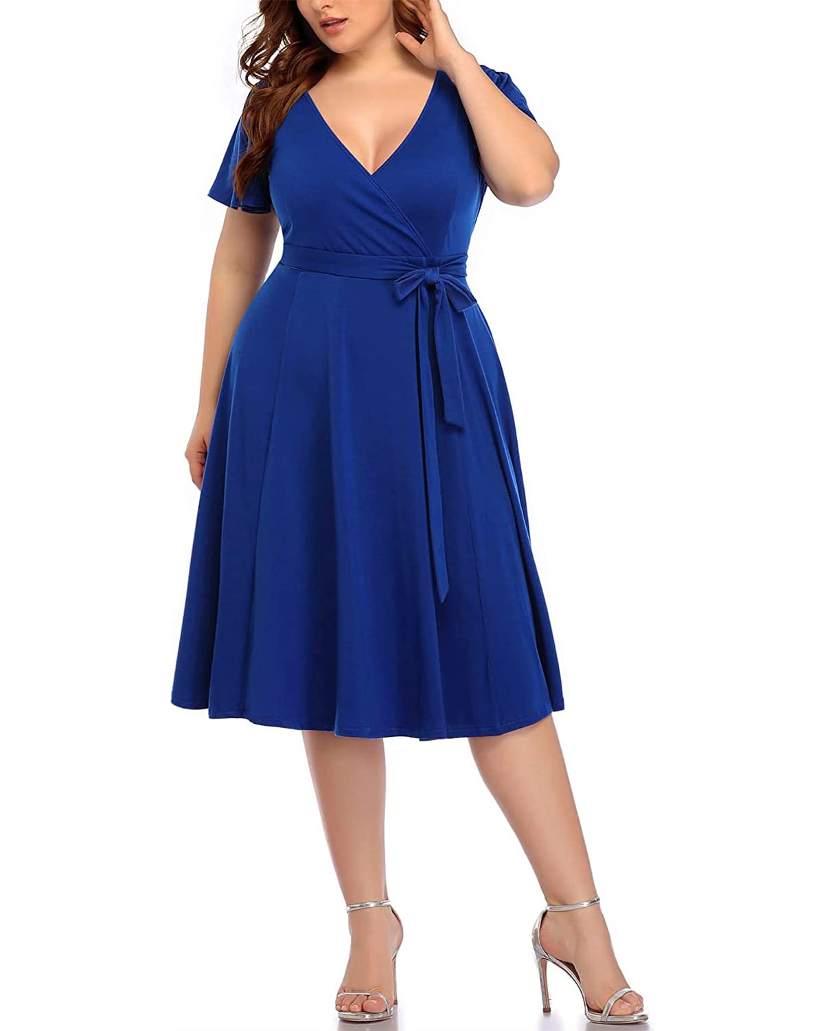 Plus Size Pinup Fashion Women's Cocktail Dress for Wedding Guest - Semi Formal Wrap Empire Waist Midi Dress | Perfect for Parties, Date Nights & Special Occasions