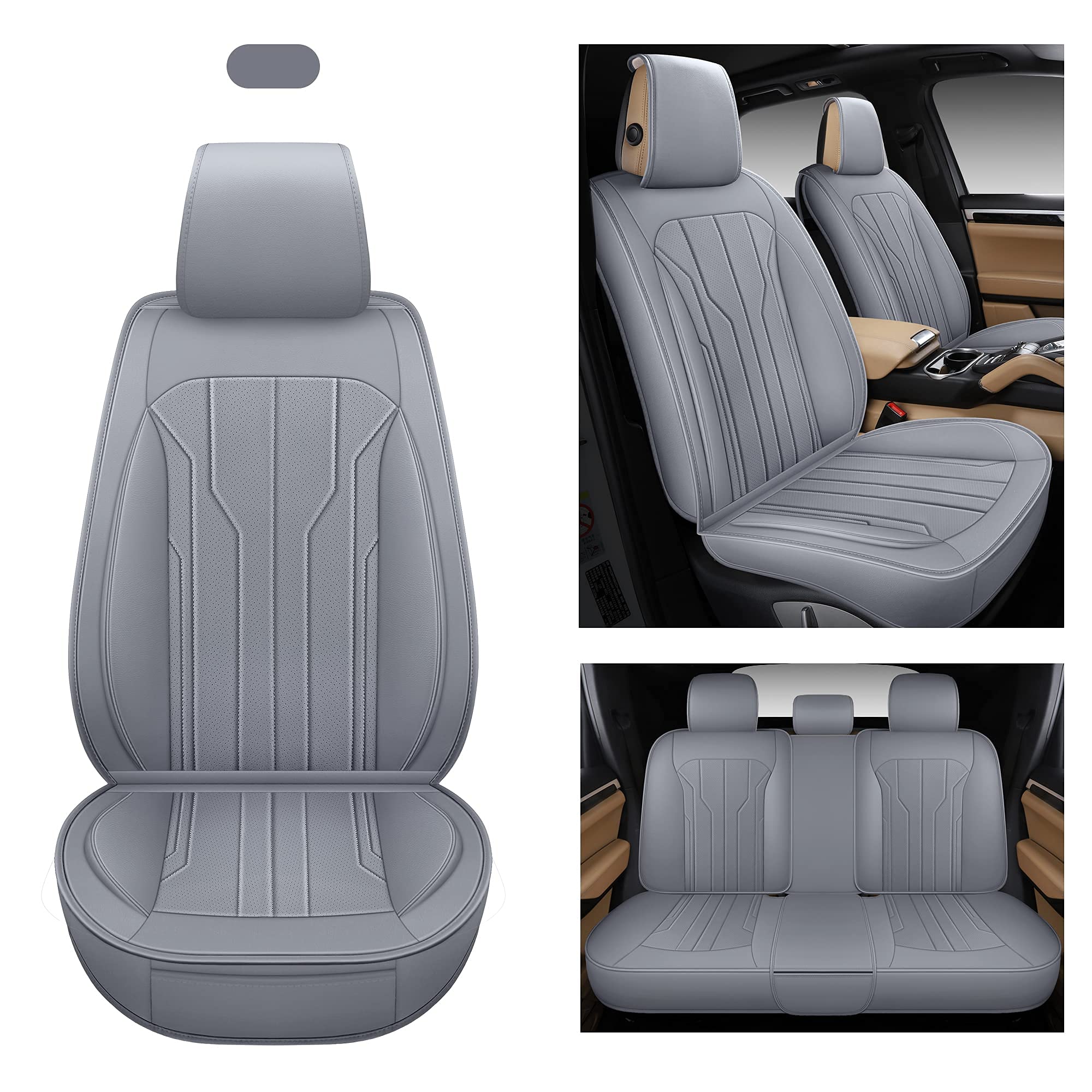 Premium AOOG Leather Car Seat Covers - Universal Fit Leatherette Seat Protectors for Cars, SUVs & Trucks | Non-Slip Auto Interior Accessories (Full Set, Gray) | Perfect for Daily Commuting, Road Trips & Vehicle Protection