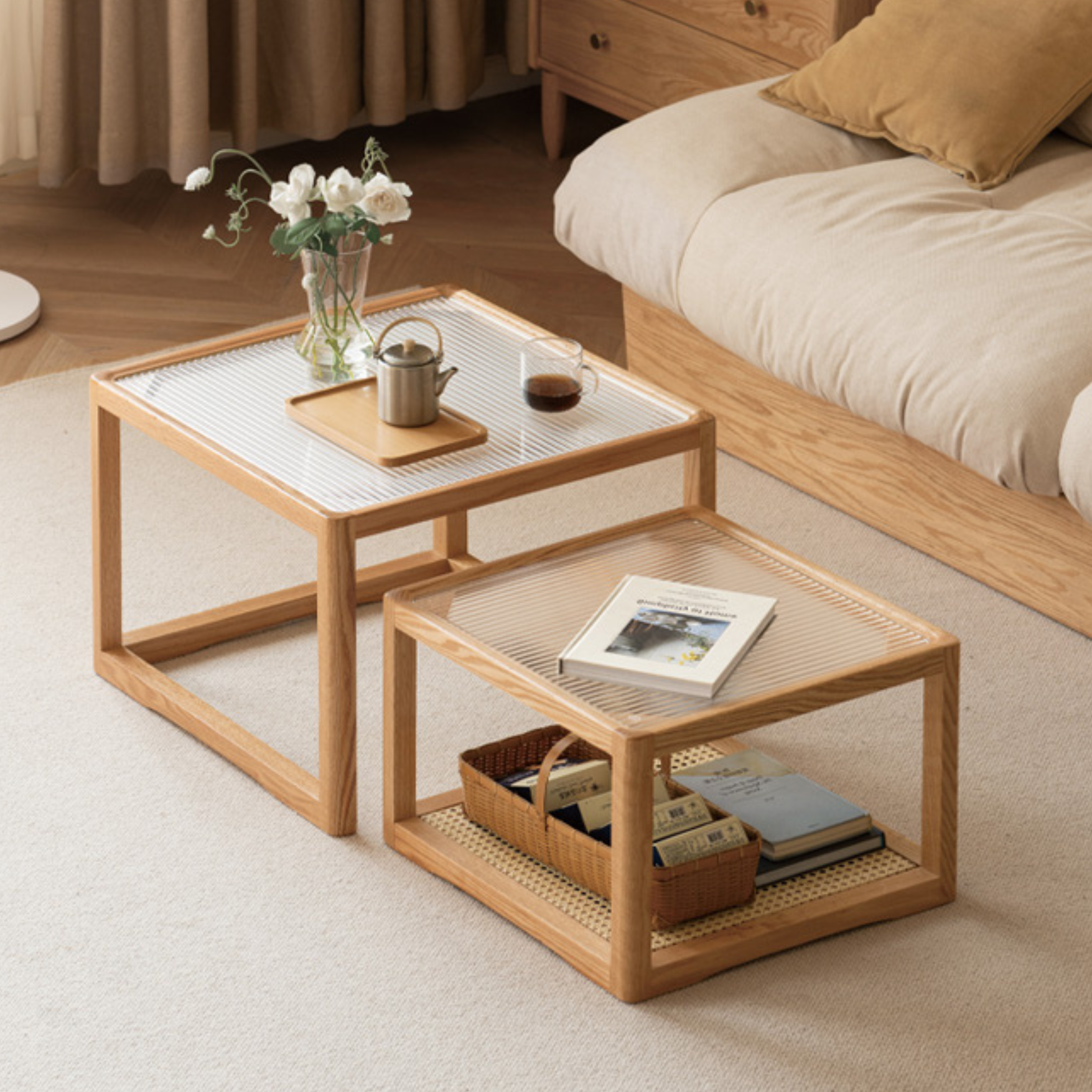 Solid Oak Wood Coffee Table with Glass Top and Rattan Shelf - Perfect for Living Room, Patio, or Outdoor Furniture Decor