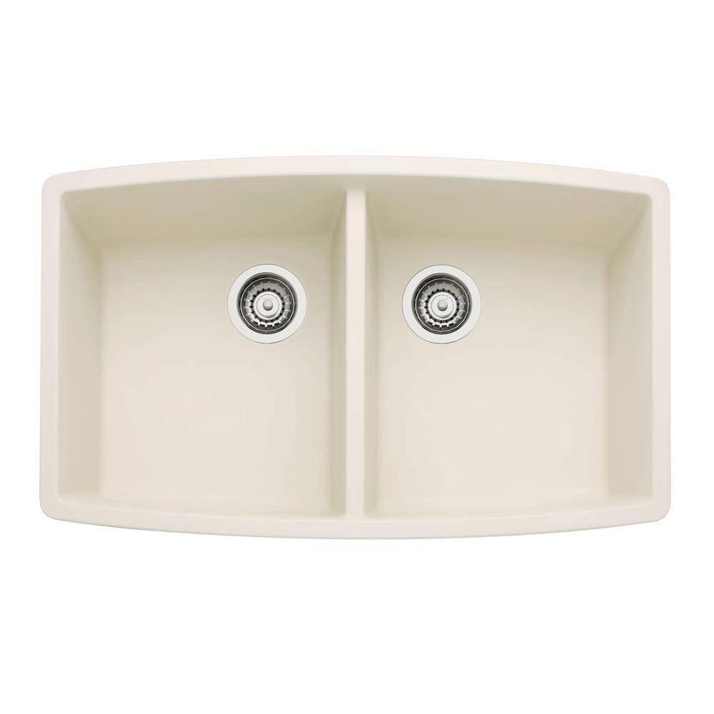 Blanco Performa 33x20x10 Undermount Double Bowl Composite Kitchen Sink in Biscuit - Durable & Stylish for Modern Kitchens, Perfect for Cooking & Entertaining