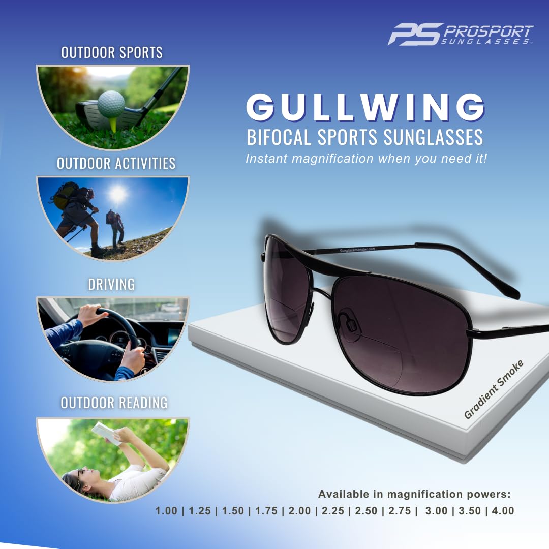 ProSPORT Aviator Bifocal Sunglasses +1.75 Reading Power - Black Gunmetal Frame with Smoke Lens - Bifocal Sunglasses for Men & Women - Perfect for Driving, Fishing & Outdoor Activities