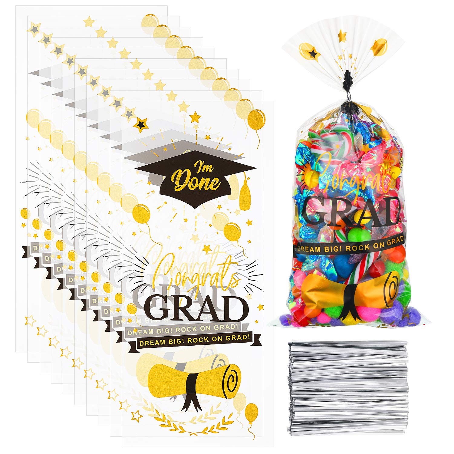 Boao 150-Piece 2024 Graduation Cello Treat Bags with 200 Twist Ties - Elegant Party Favors for Graduation Decorations, Gifts & Candy Packaging (Fresh Style) - Perfect for School Celebrations, Class Parties & Commencement Events