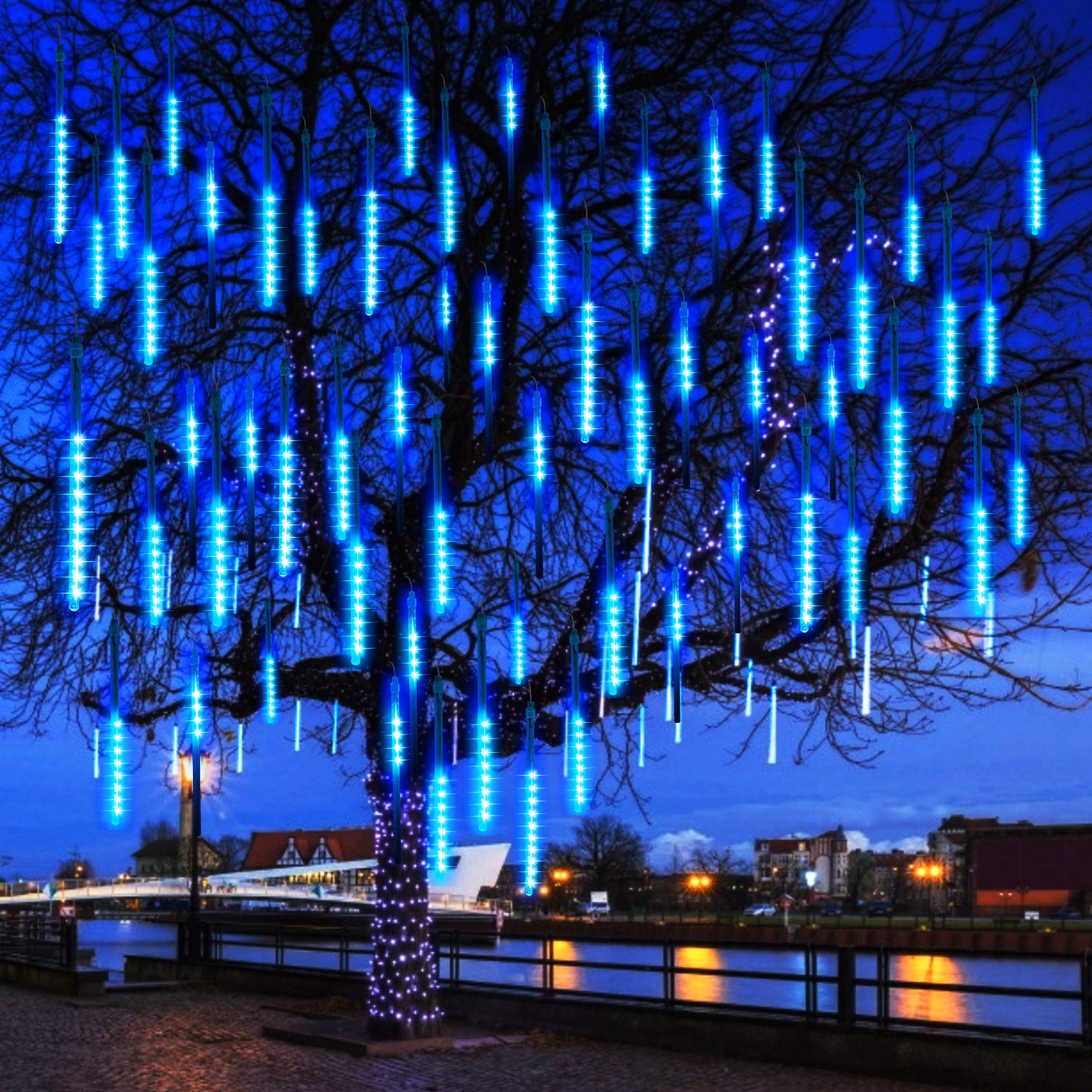 192 LED Meteor Shower Lights Outdoor - 11.8 Inch 8 Tubes Waterproof Christmas Snowfall Lights | Blue Hanging Falling Rain Lights for Trees, Bushes, Holiday Party & Christmas Decoration | Perfect for Garden, Yard, Patio, and Indoor Festive Decor