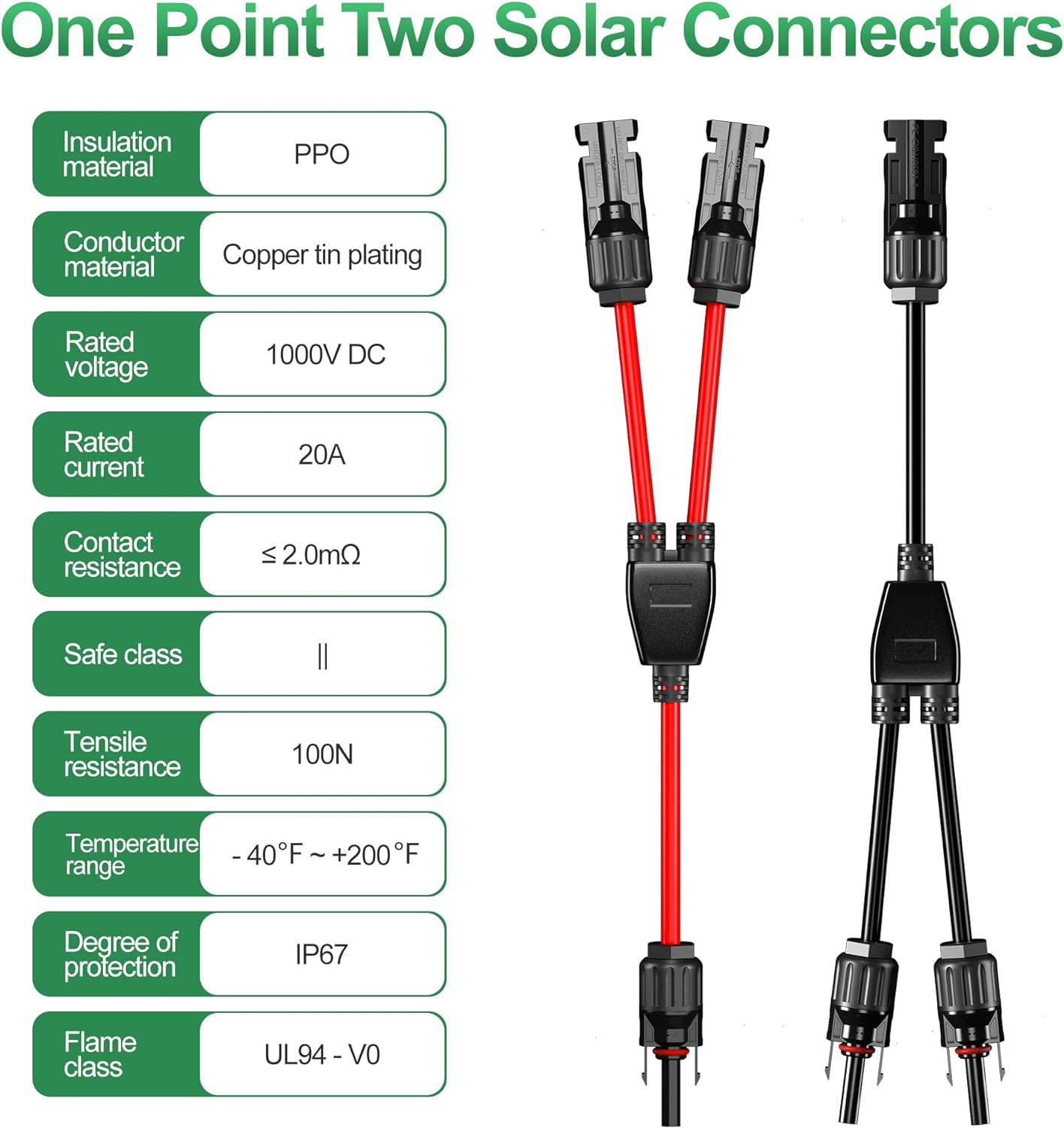 1 Pair Solar Y Branch Parallel Adapter Cable - MC4 Connector for Solar Panels - Weatherproof Solar Panel Extension Wire for RV, Boat & Off-Grid Systems