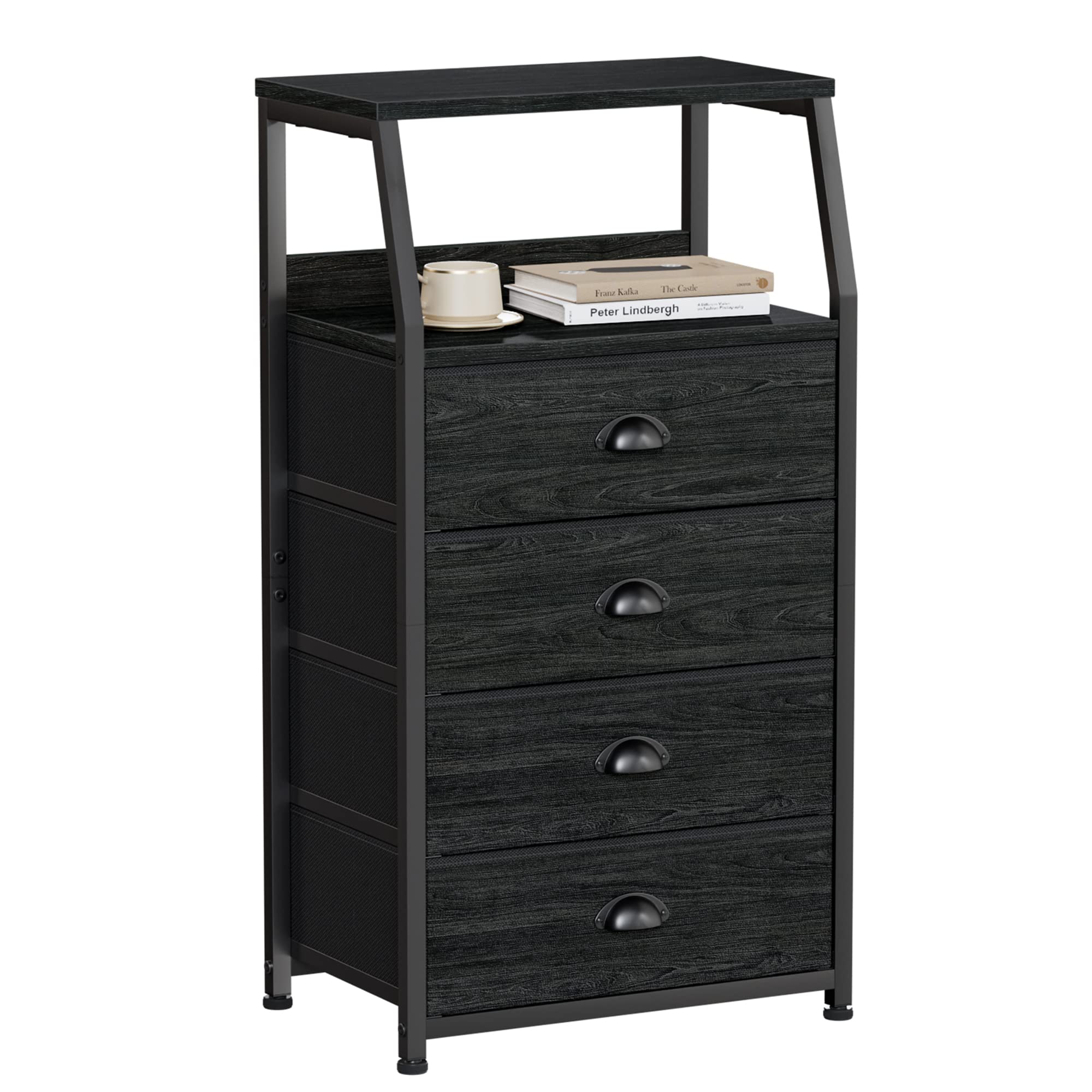 Furnulem Tall 4 Drawer Dresser - Vertical Storage Tower Organizer with Sturdy Steel Frame & Wood Top for Bedroom, Hallway, Entryway, Nursery | Space-Saving Closet & Nightstand Solution for Small Rooms & Apartments