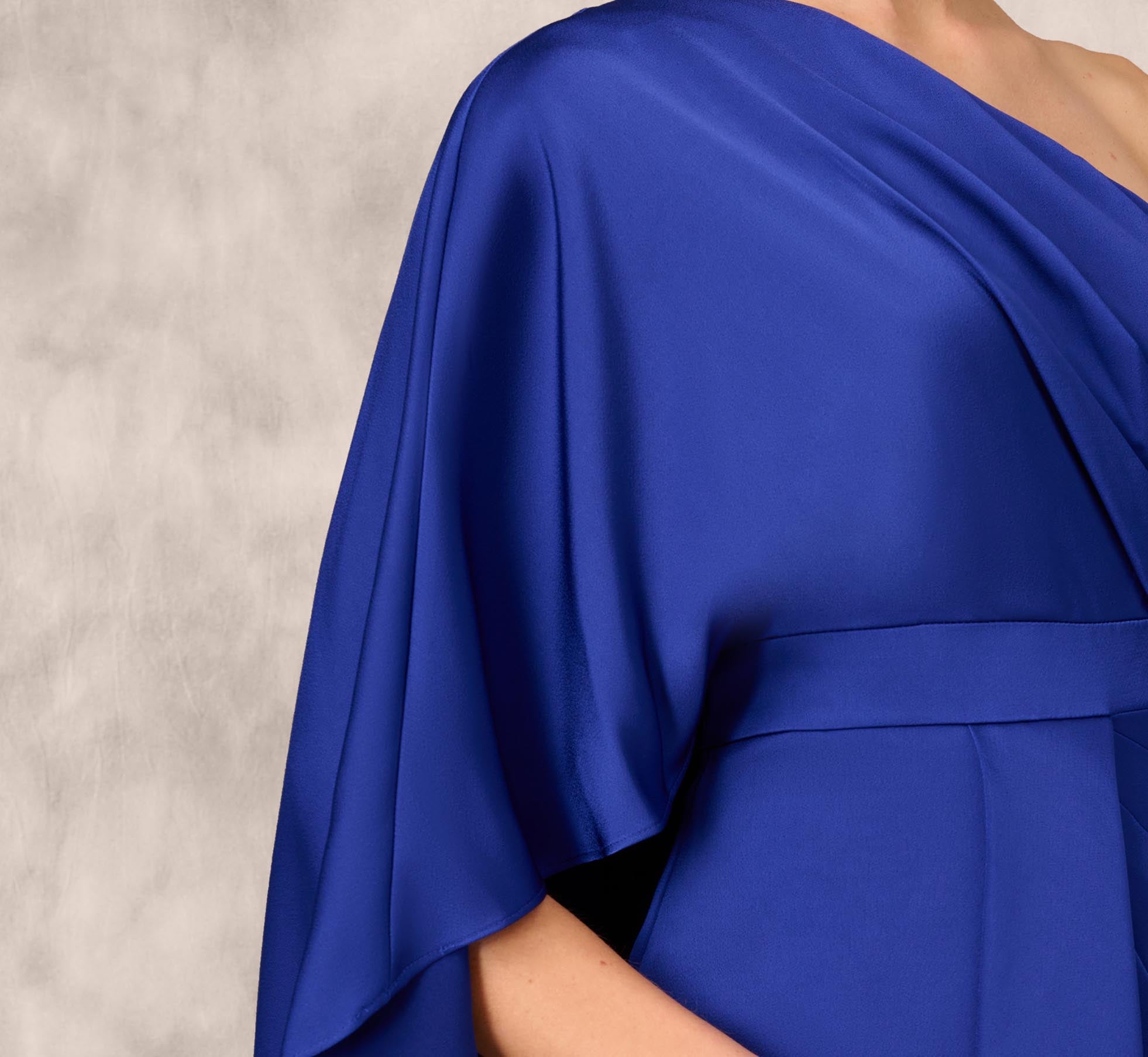 Elegant One Shoulder Satin Draped Sheath Dress with Crepe Back & Cape - Royal Sapphire Blue Formal Gown for Evening Parties, Prom, Cocktail Events & Special Occasions