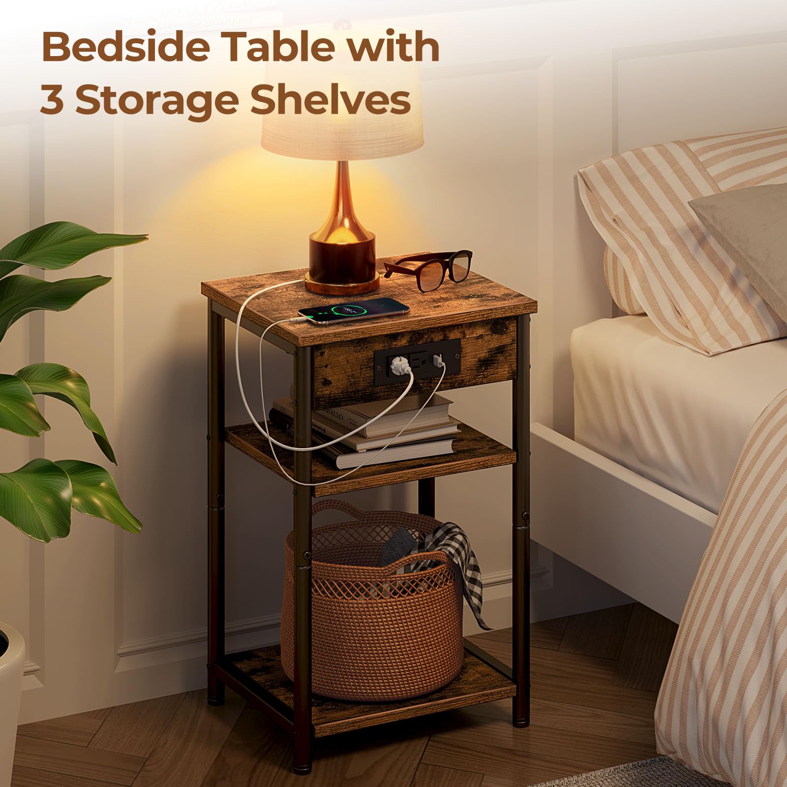 Rolanstar Small End Table with USB Charging Station & 3 Storage Shelves - Narrow Nightstand for Bedroom, Living Room - Rustic Brown Side Table Perfect for Small Spaces | Ideal for Charging Devices & Organizing Essentials