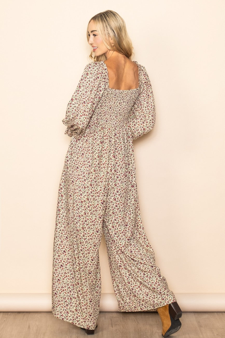 Beige Floral Smocked Wide Leg Jumpsuit for Women - Elegant Boho Chic Romper with Puff Sleeves | Perfect for Summer Vacations, Beach Outings & Casual Date Nights