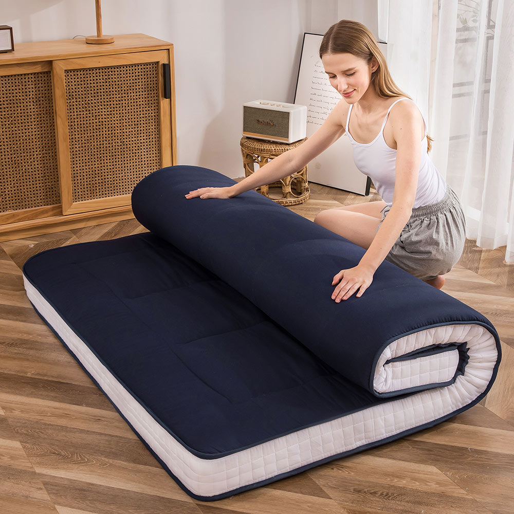 MAXYOYO Japanese Floor Futon Mattress - Thick Padded & Portable Navy Blue Floor Bed for Guest Room, Dorm, Camping & Travel