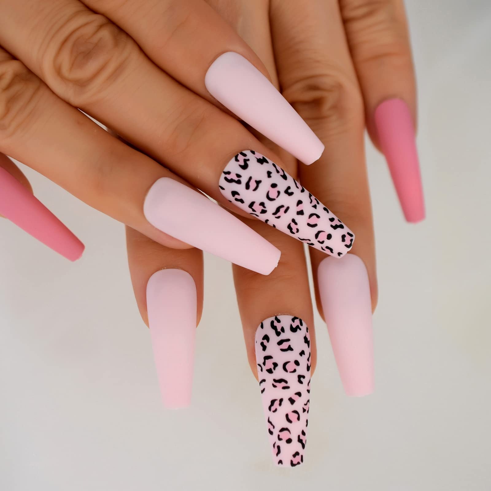Coolnail Matte Pink Leopard Print Press On Nails - Extra Long Coffin Ballet Fake Nails for Women | Full Cover Artificial Nails for Parties, Weddings & Special Occasions