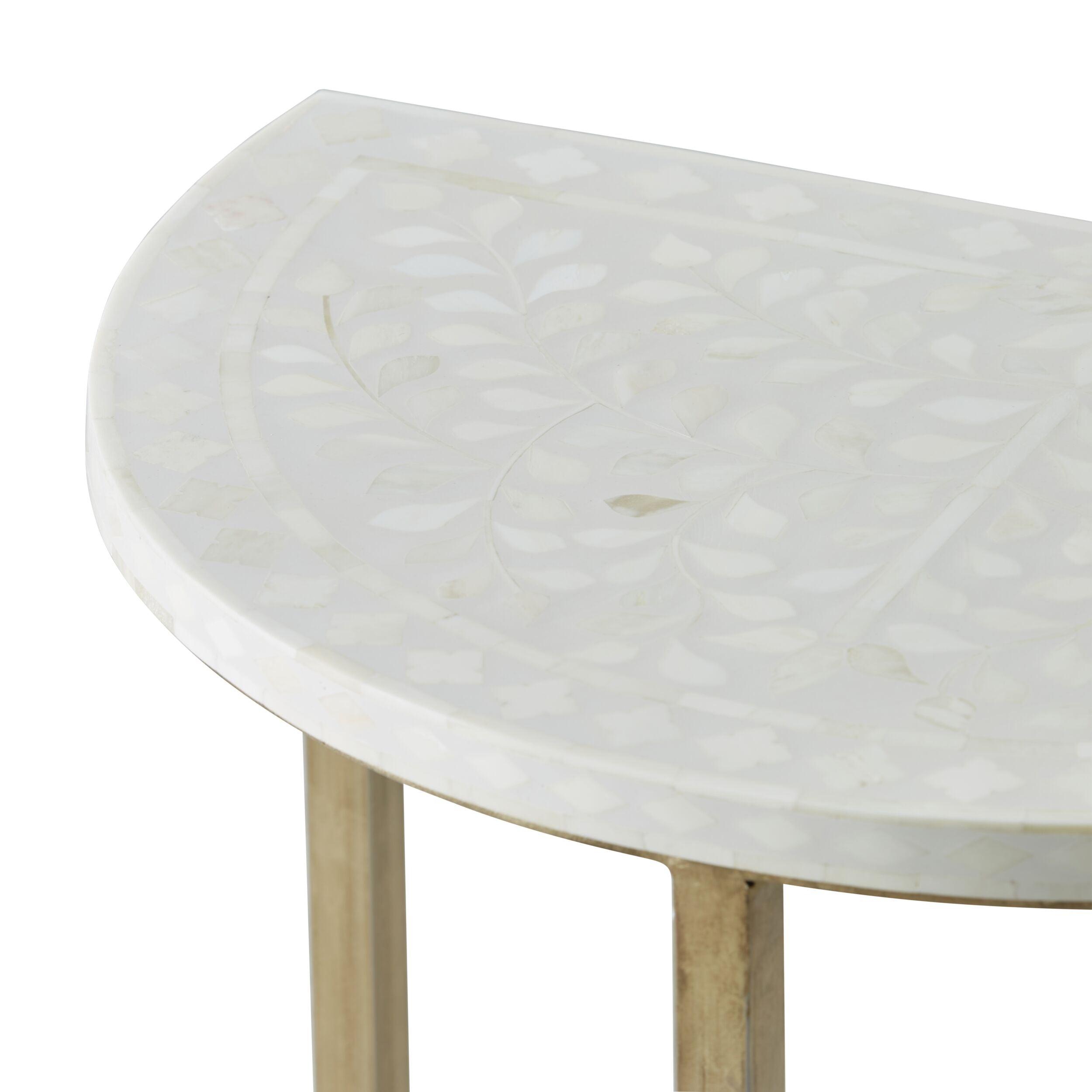 Handcrafted Bone Inlay Half Moon Side Table with Gold Frame - 53cm Beige Accent Table for Living Room, Bedroom or Entryway Decor
