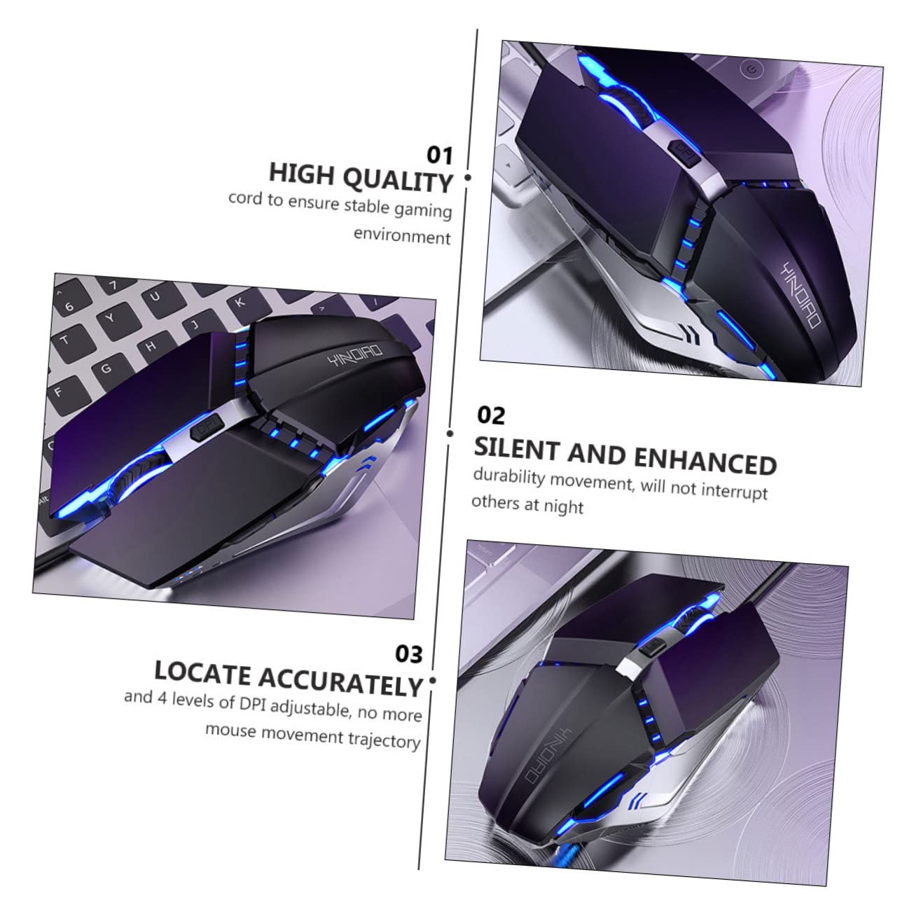 HEMOTON Silent Wired Mouse - Ultra Quiet USB Optical Mouse for Computer, Laptop, PC - Ergonomic Design for Office Work, Gaming & Travel Use